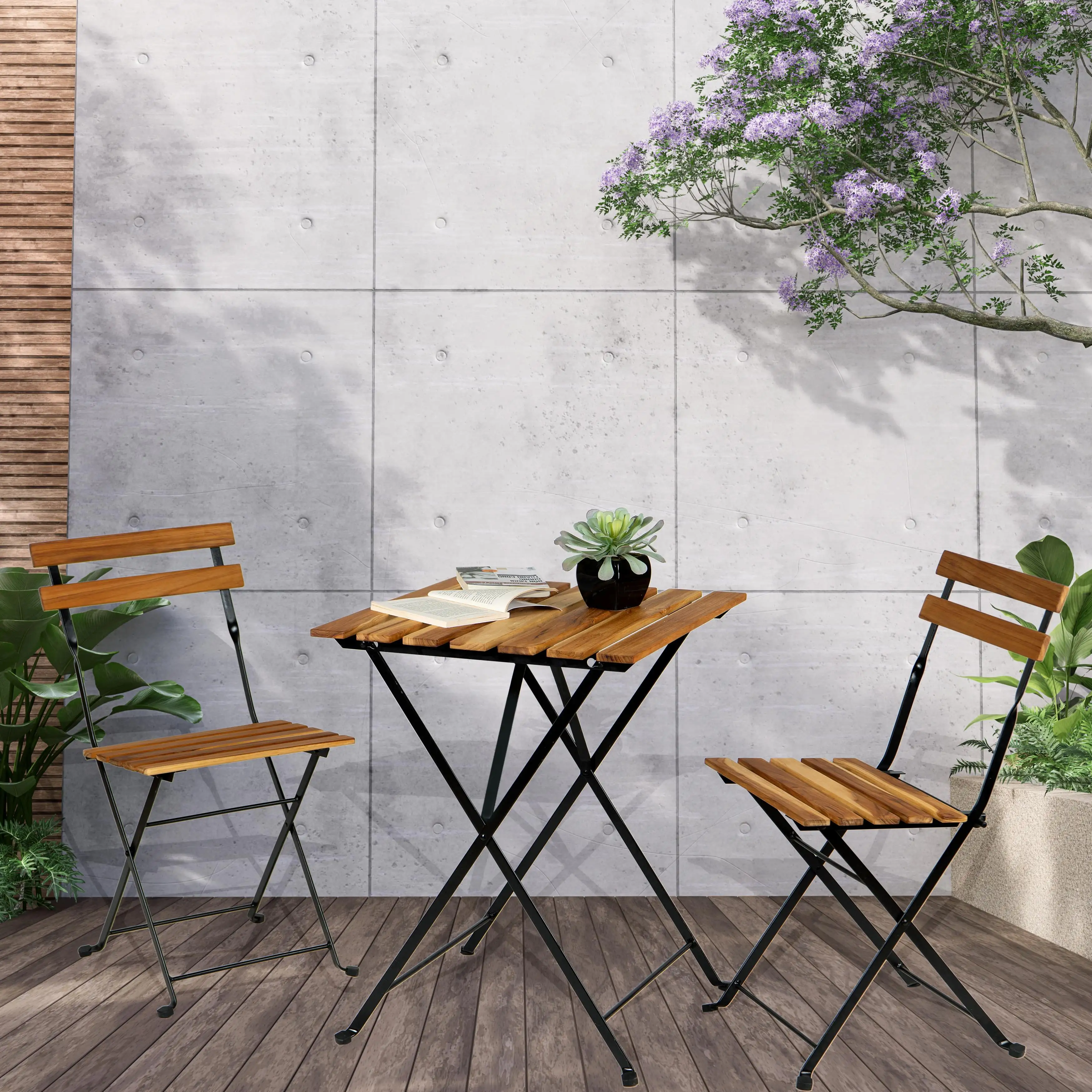 Outdoor Patio Folding Chair Set. 3 PCS All-weather Wood Bistro Set. Deck Dining Set Square Table with 2 Foldable Cushioned Chairs. Wood Conversation Furniture Set. for Garden Back Balcony. B812