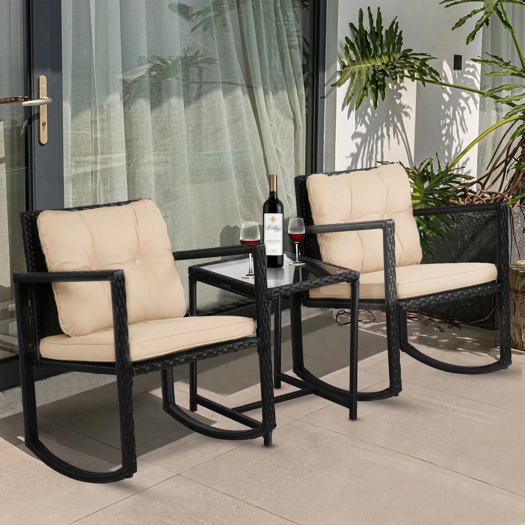 Outdoor Patio Furniture Set of 3. Rocking Bistro Set Rattan Rocking Chairs with Cushions and Glass Coffee Table. Patio Conversation Sets for Lawn Garden Backyard Balcony Poolside. Black