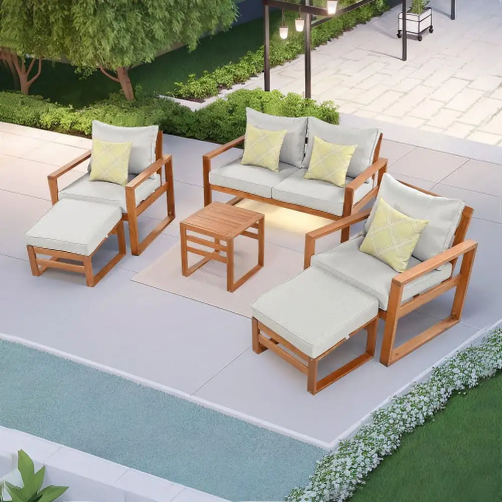 Zoeye Outdoor Patio Beige Home Wooden Conversation Set 6 Piece with Footstool and Cushions