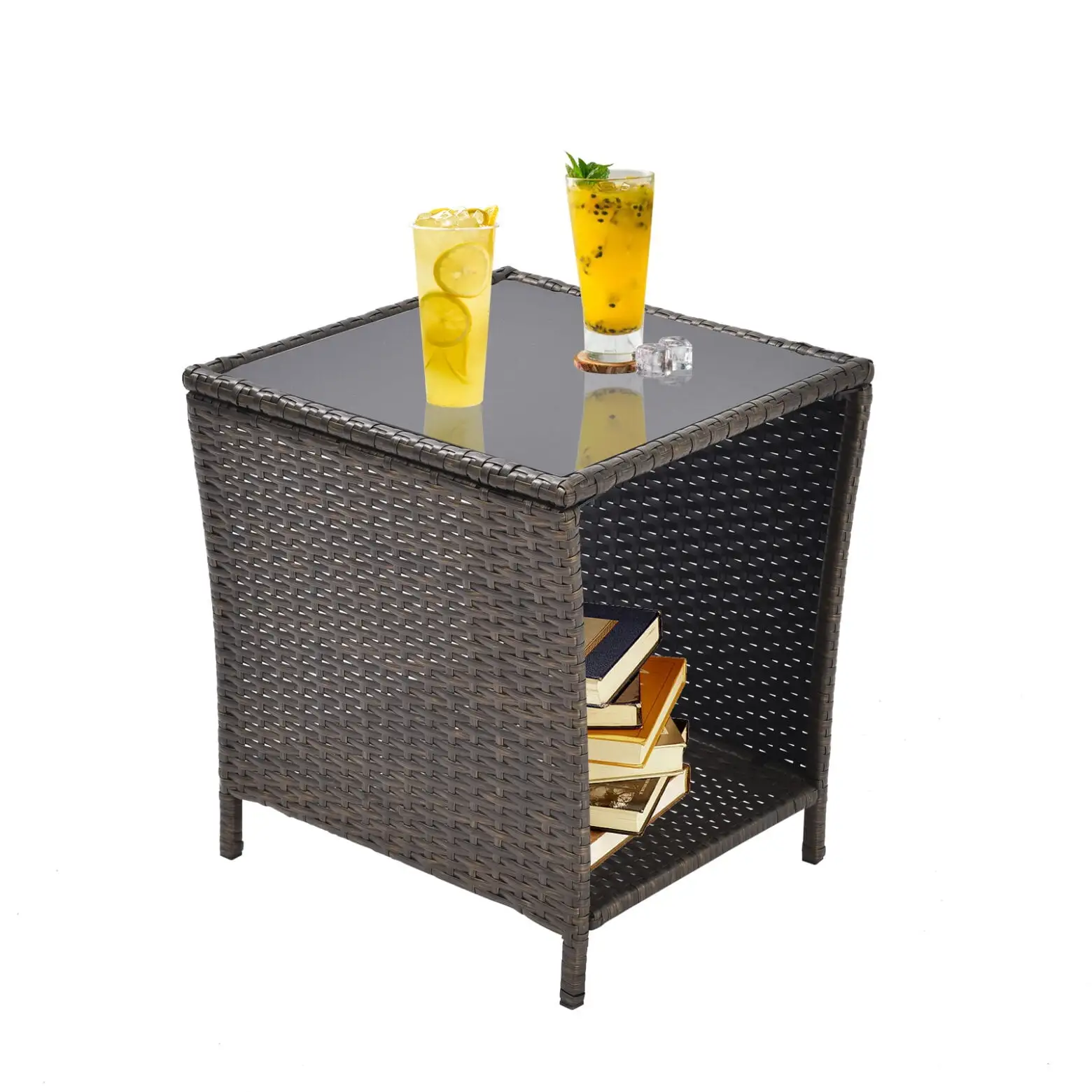 Outdoor Side Table with Storage Shelf. Glass Top Wicker Coffee Bistro Table. All Weather Rattan and Steel Frame Patio Furniture. Square Bistro Table for Garden Porch. Backyard Pool Indoor. Black+Gold