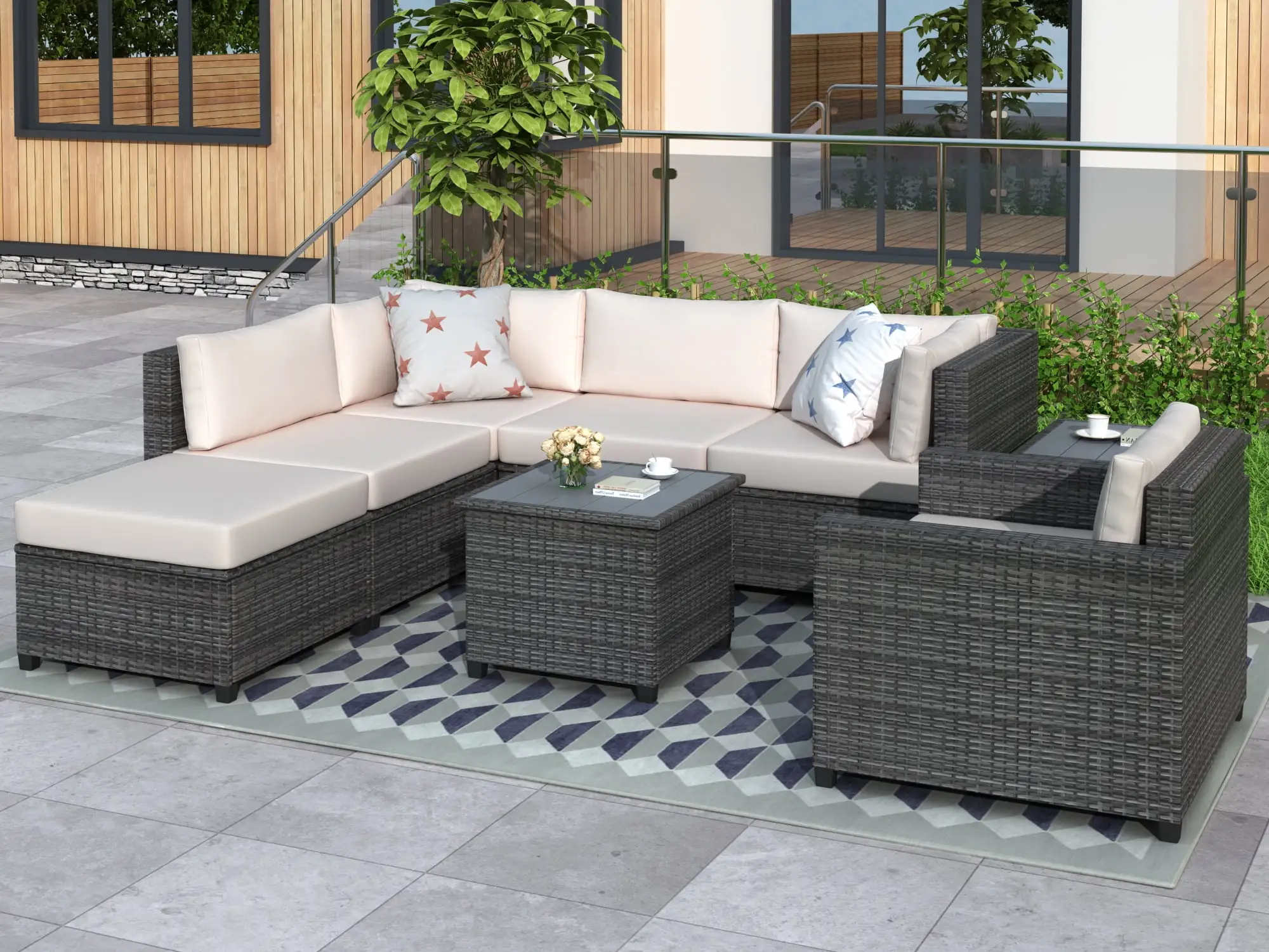 8 Piece Patio Dining Set. Patio Sectional Sofa Set with 5 PE Wicker Sofas. Ottoman. 2 Coffee Table. All-Weather Patio Conversation Set with Beige Cushions for Backyard. Porch. Garden. Poolside. L4654