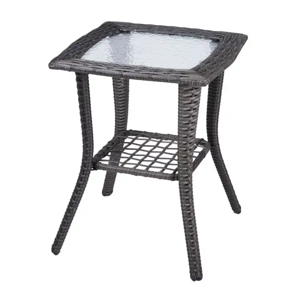 Outdoor Wicker Side Table. Rattan End Table with Glass Top. Patio Coffee Bistro Table for Indoor Garden Porch Balcony. Grey