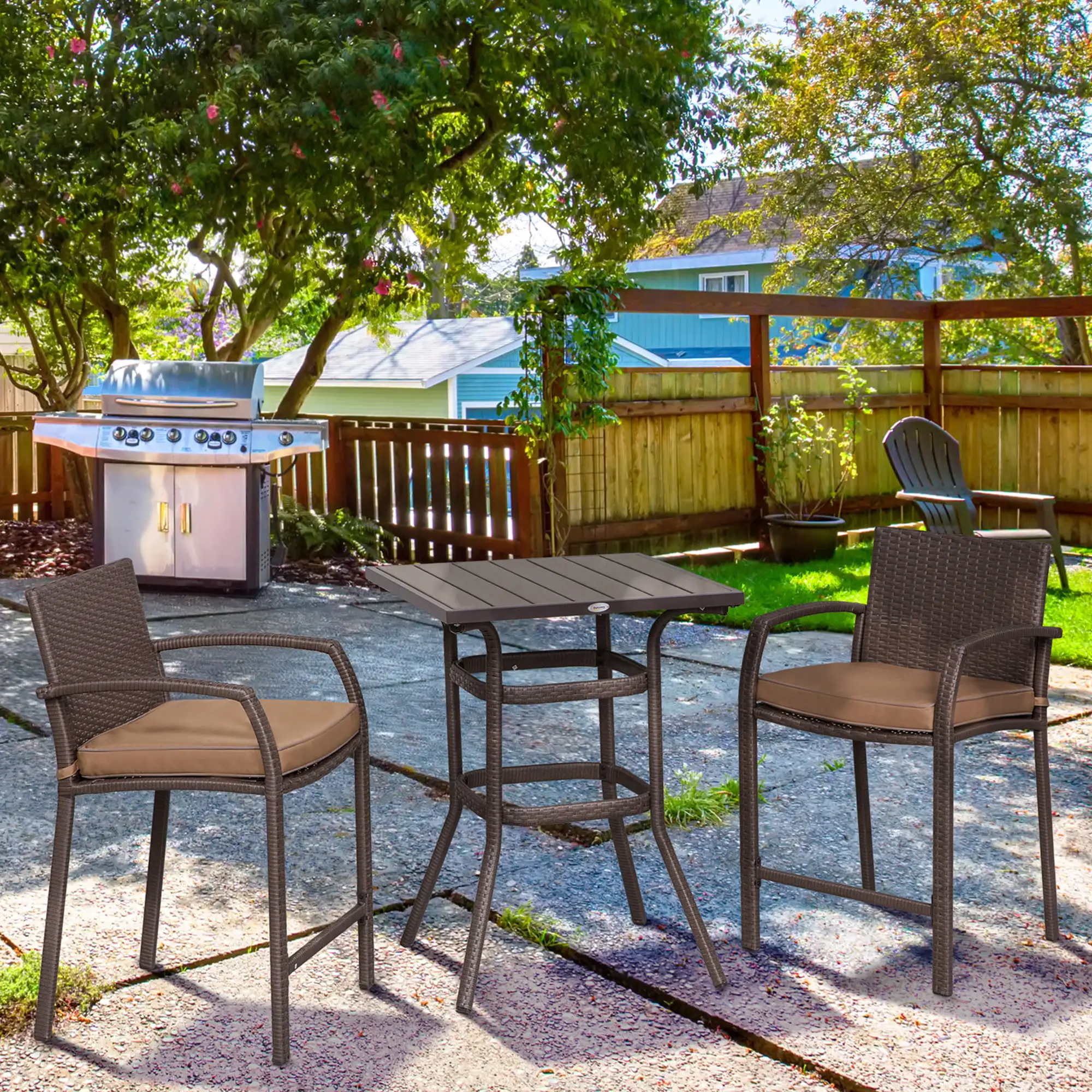 Outsunny 3 PCS Rattan Wicker Bar Set with Wood Grain Top Table and 2 Bar Stools for Outdoor. Patio. Poolside. Garden. Brown