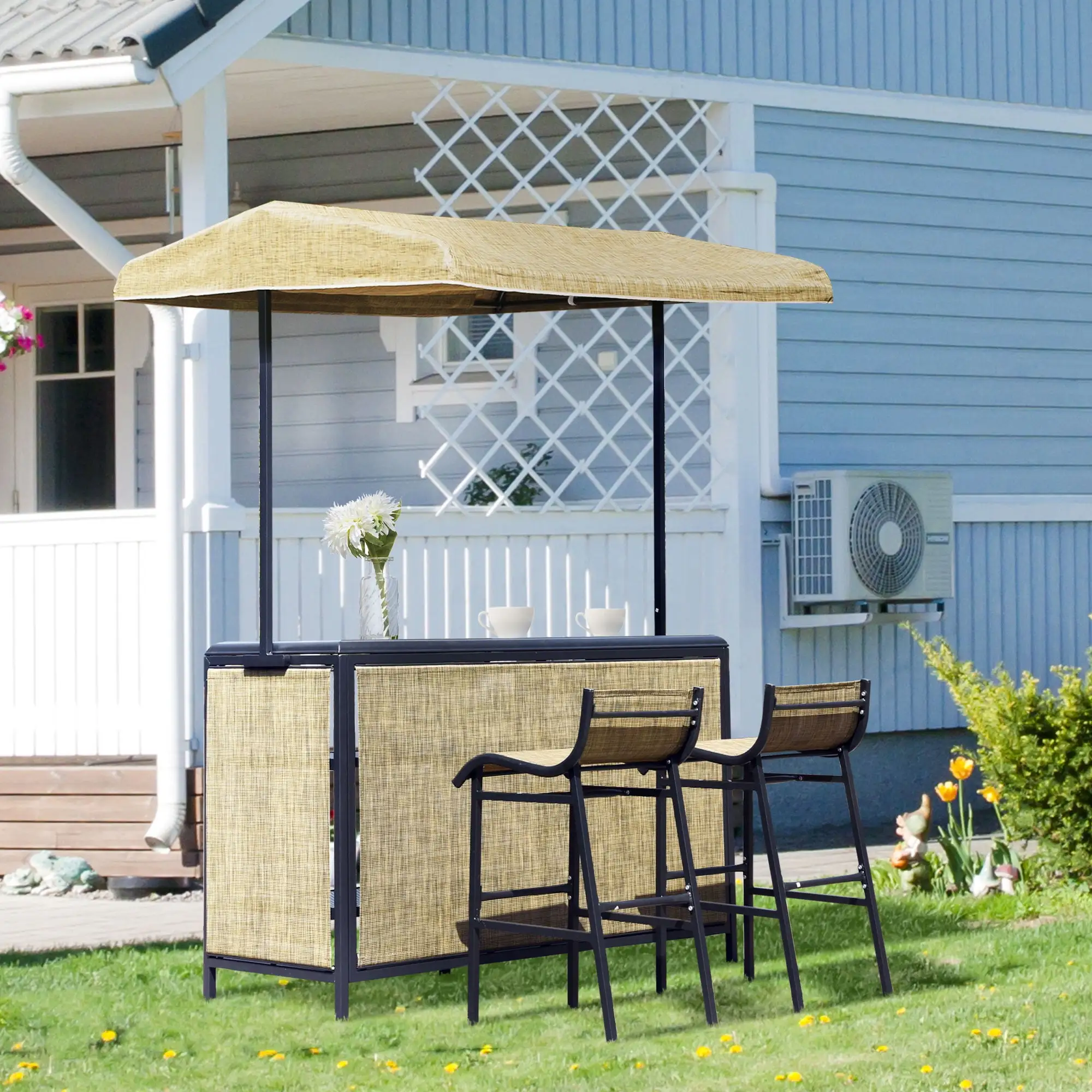 Outsunny 3 Piece Outdoor Bar Set for 2 with Canopy. Rectangular Table with Storage Shelves & Two Bar Chairs. Breathable Mesh