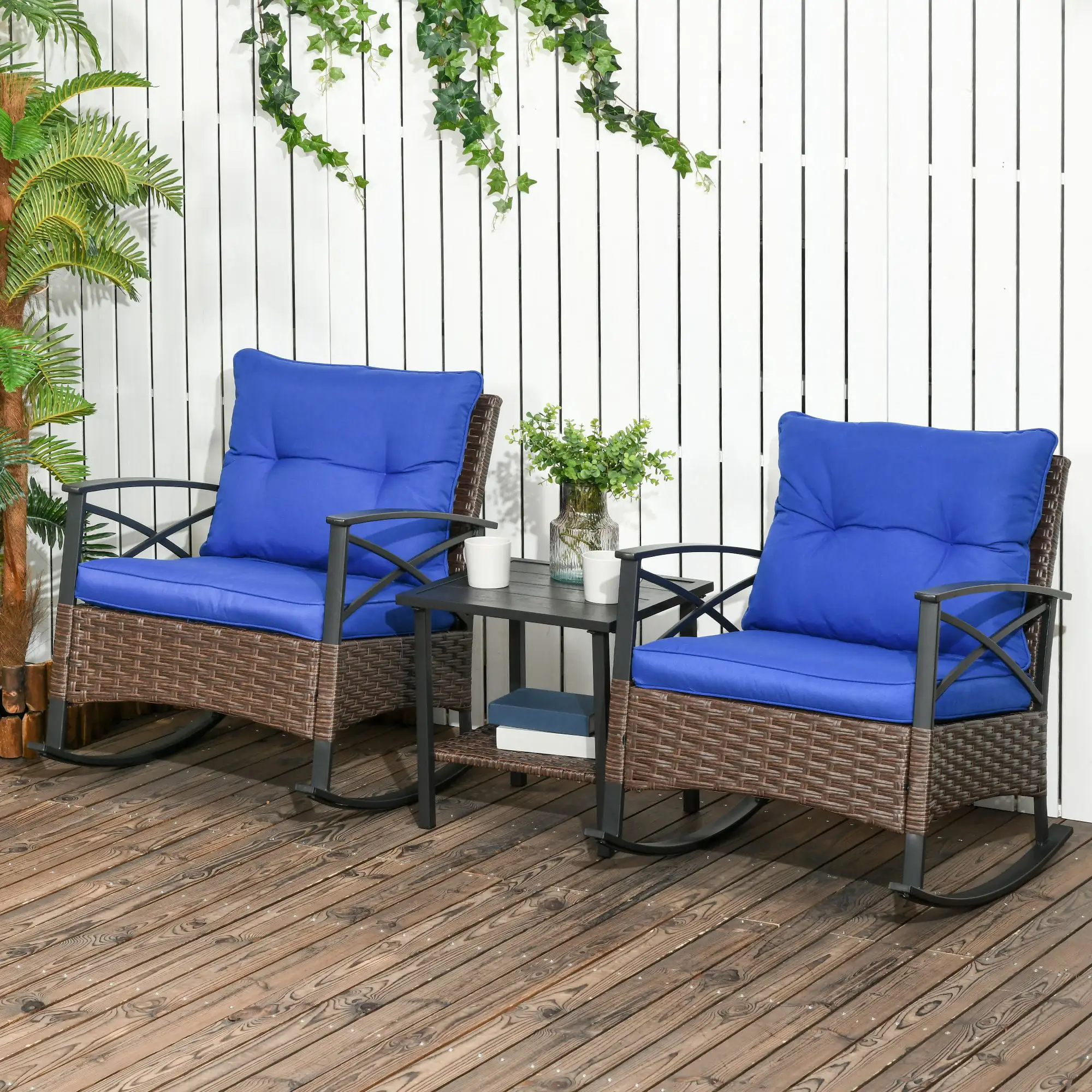 Outsunny 3pc Rocking Chair Set w/ Cushions. Wicker Bistro Set. Blue