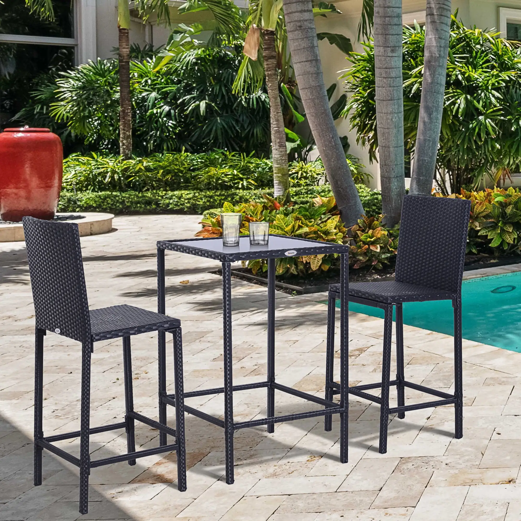 Outsunny 3PC Rattan Barstool Table Chair Set Bar Bistro Dining Furniture