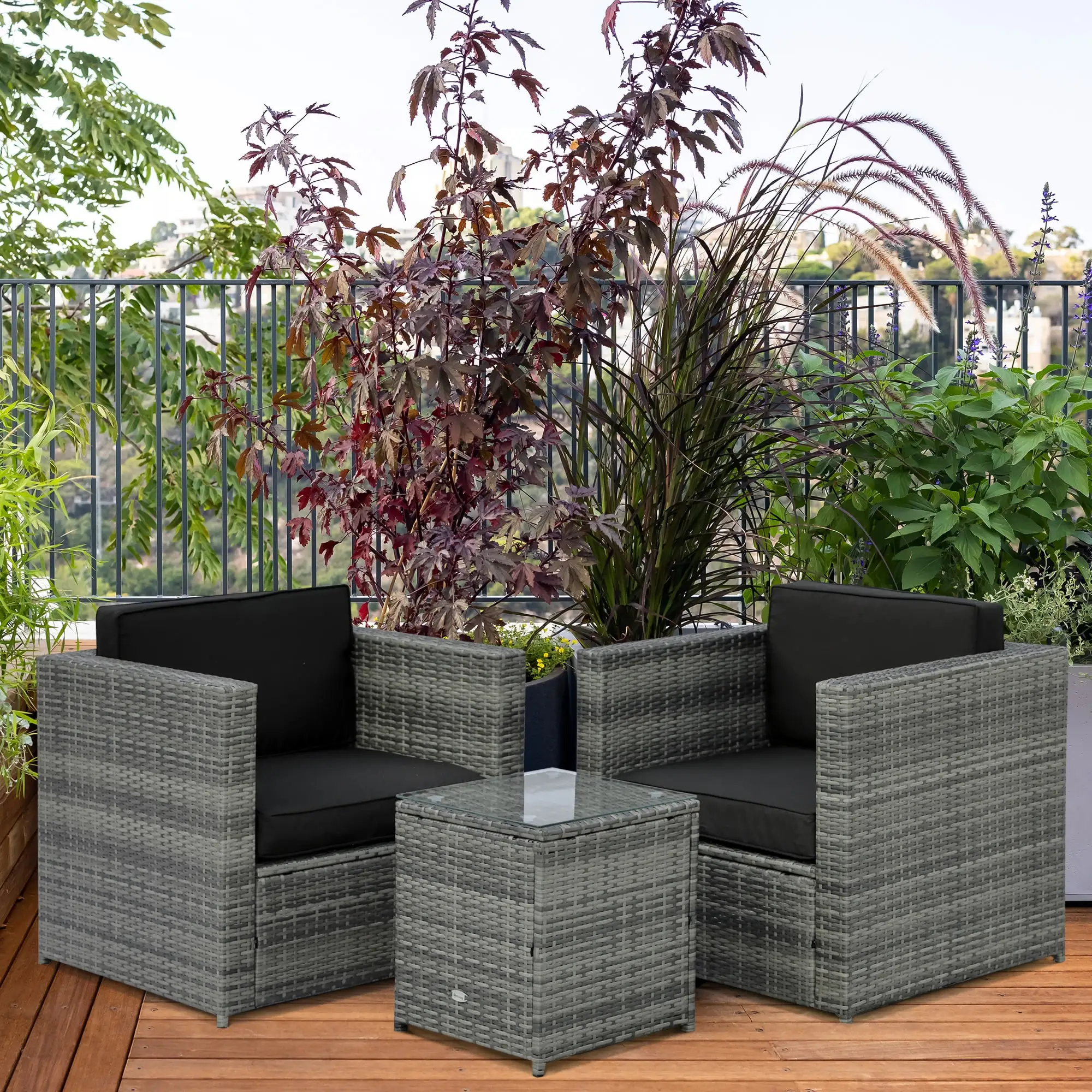 Outsunny Wicker Bistro Patio Set. 2 Porch Chairs & Glass Table. Black