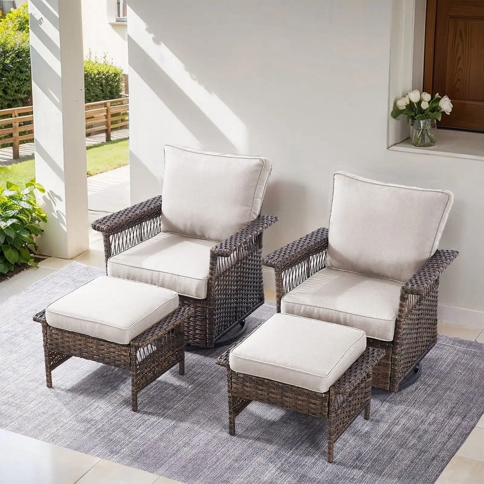 PARKWELL 4-Piece Outdoor Swivel Gliders with Ottoman Seat Foot Rest.360 Degree Swivel Rocker Chair Rattan Wicker Conversation Bistro Furniture Sets.Beige