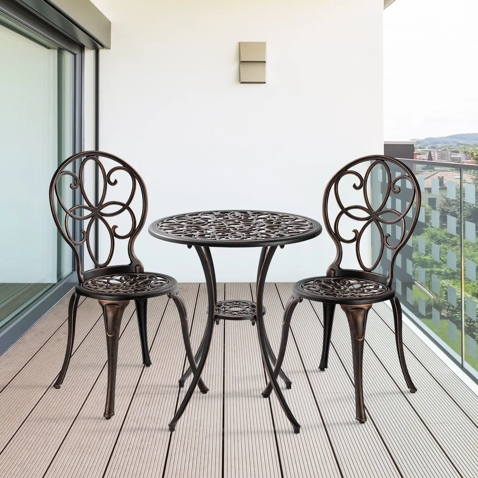 PATIO-IN 3 Piece Outdoor Bistro Set Cast Aluminum Patio Table and Chairs Set of 2 with Umbrella Hole.Metal Patio Furniture Set for Garden.Bronze