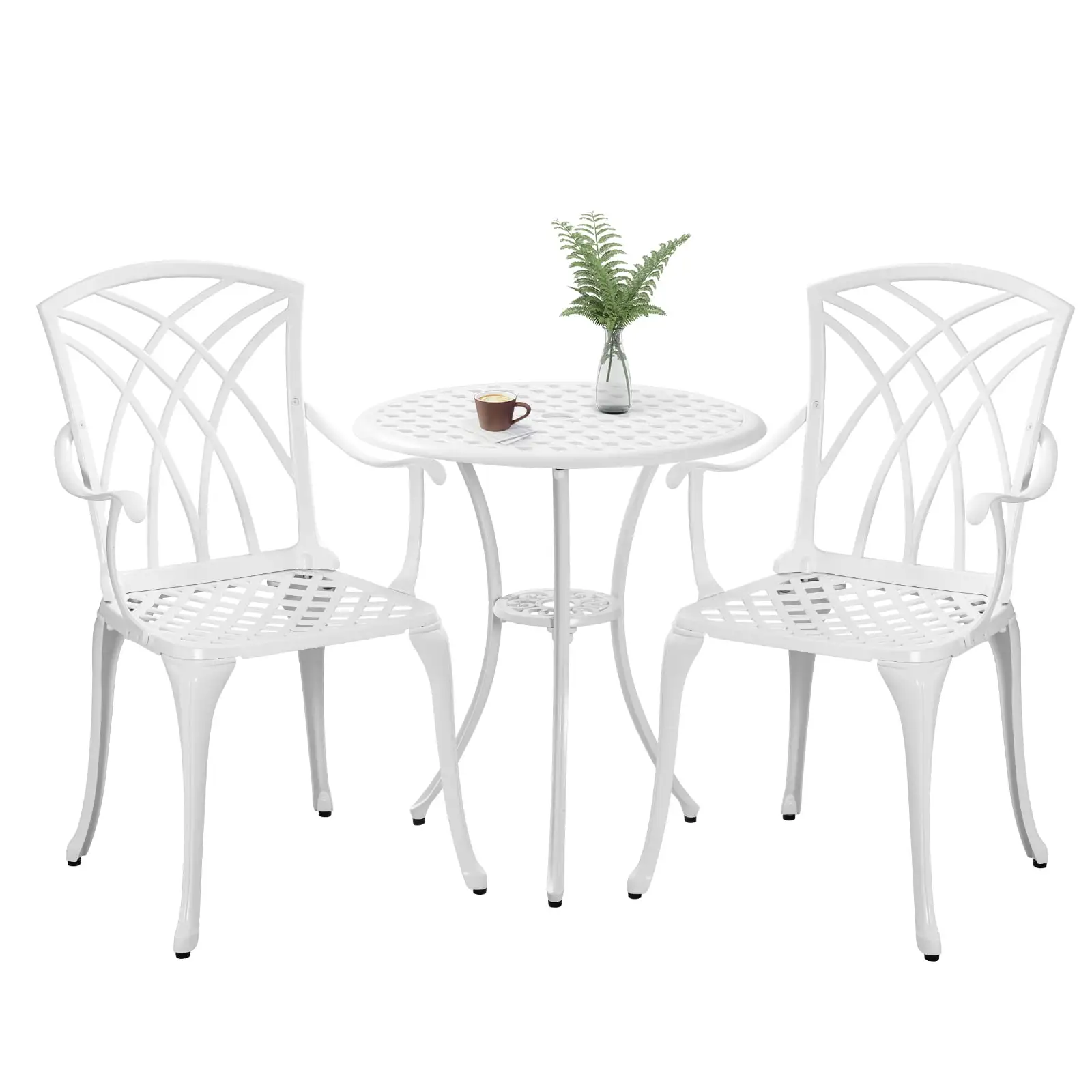 PATIO-IN 3 Piece Patio Set Outdoor Patio Furniture Set Cast Aluminum Bistro Table and Chairs Set of 2 with 1.97Umbrella Hole for Garden.Yard.White