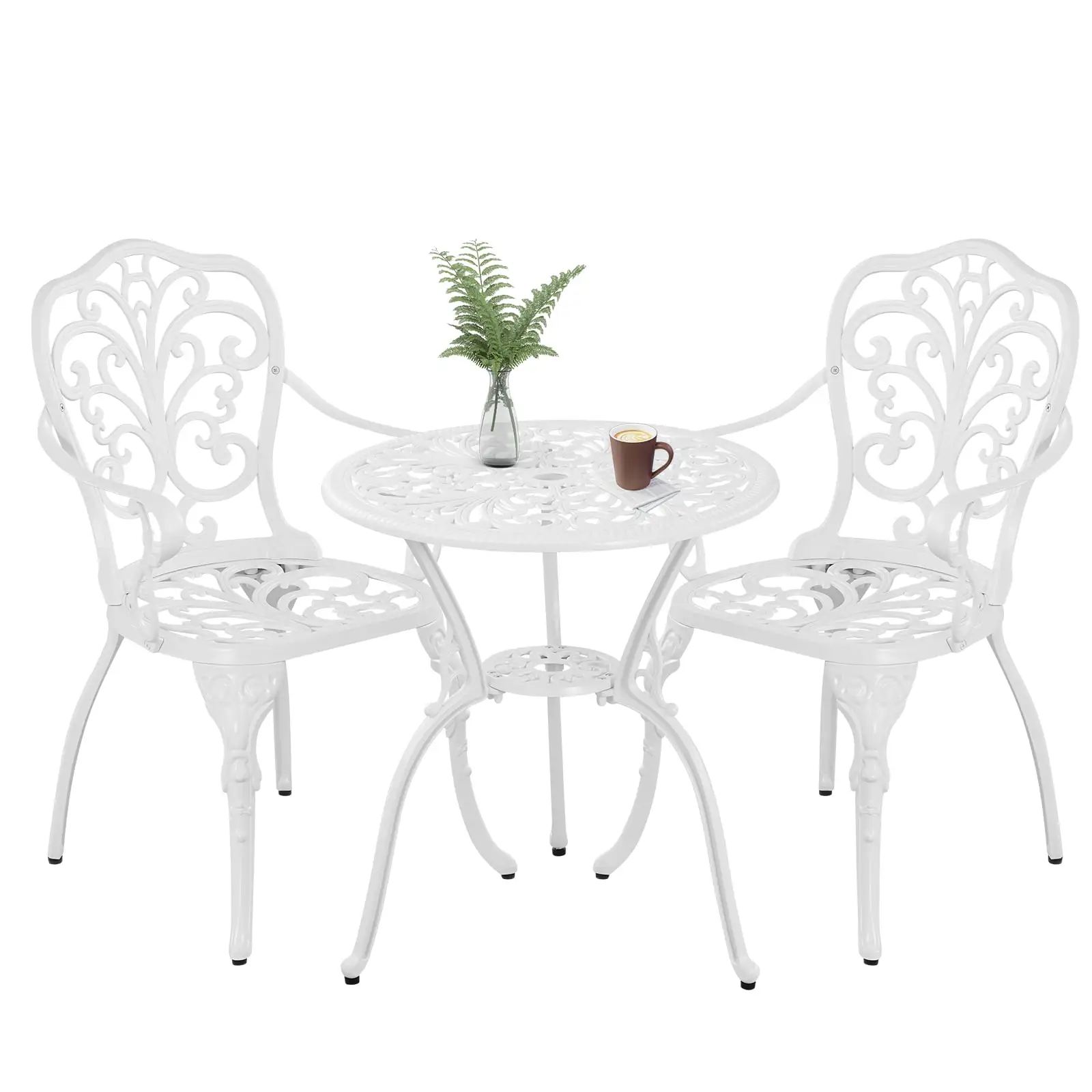 PATIO-IN Outdoor Bistro Set 3 Piece Cast Aluminum Bistro Sets.All Weather Bistro Table and Chairs Set of 2 with Umbrella Hole for Garden.White