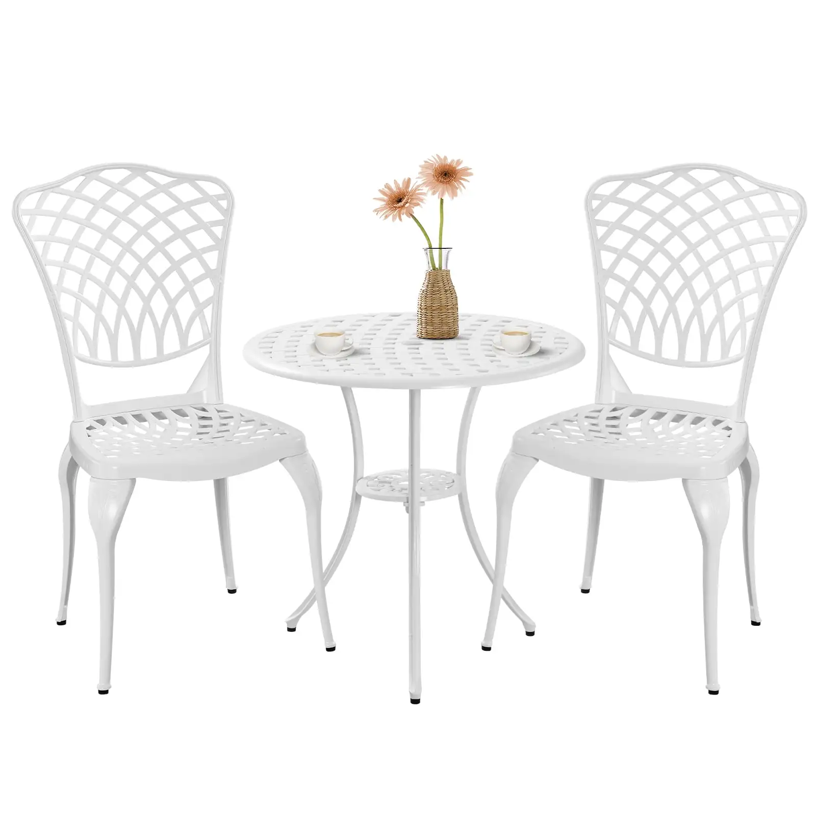 PATIO-IN Outdoor Patio Bistro Set 3 Piece Cast Aluminum Bistro Table and Chairs Set of 2 with 1.97 Umbrella Hole for Garden.Patio.White