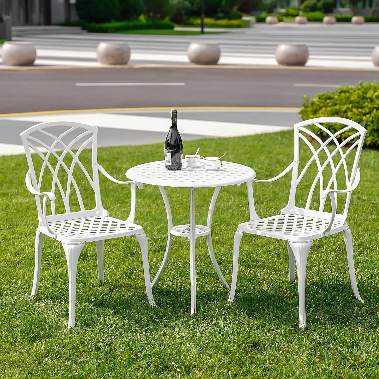 PATIO-IN White Bistro Set Outdoor Patio Bistro Round Table and Chairs Set of 2 with Umbrella Hole Cast Aluminum Patio Furniture Set for Front Porch .Garden.White