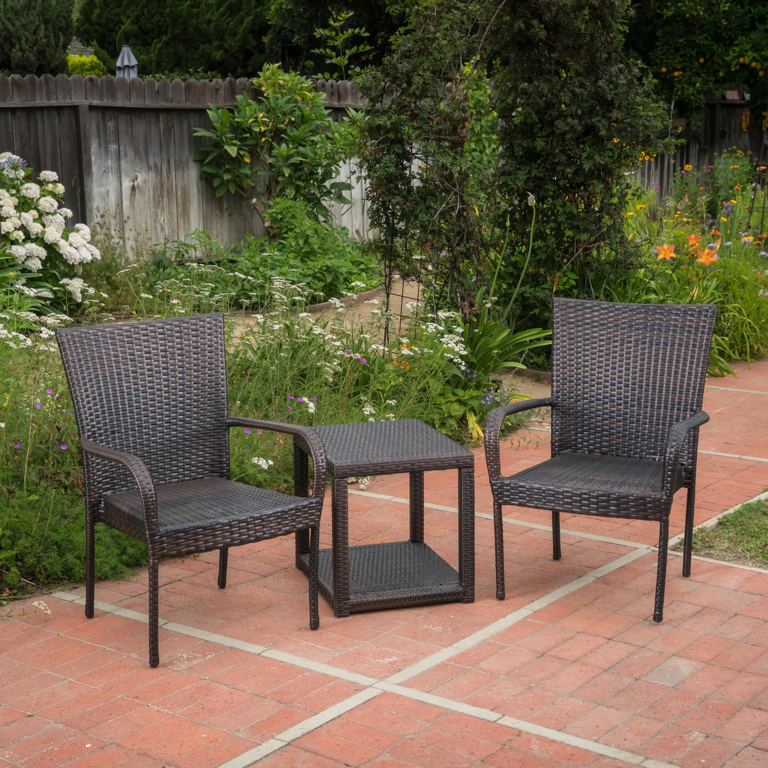 Parham Outdoor 3 Piece Wicker Stacking Chair Chat Set with Rectangular Table. Multibrown