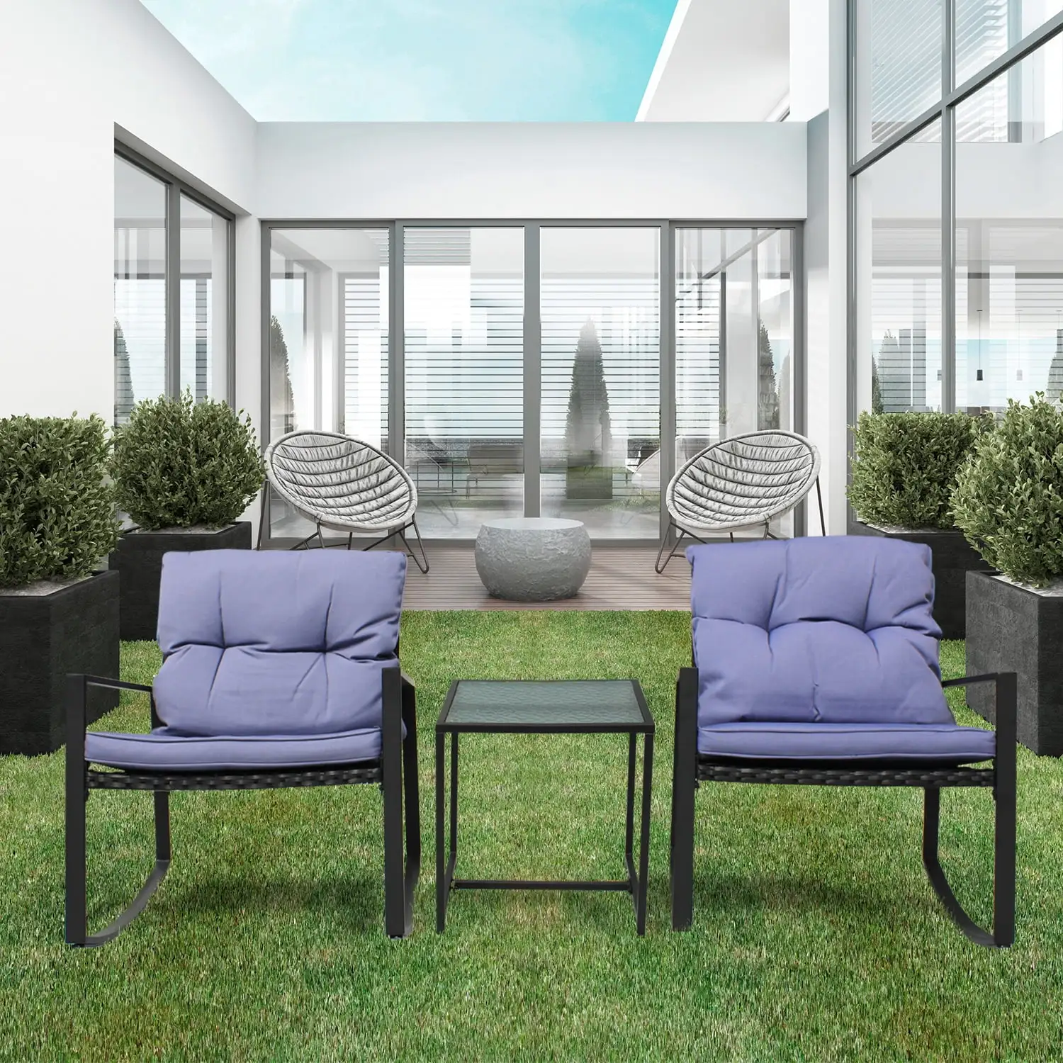 Patio 3-Piece Rocking Rocking Chair Set: Black Wicker Furniture-Two Chairs with Glass occasional Table