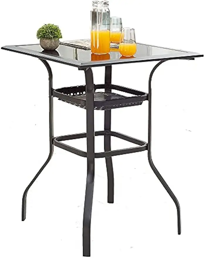 Patio Bar Height Outdoor Table Bistro Square Outside High Top with 2-Tier Metal Frame (27.6x 27.6x 36.2H). Black