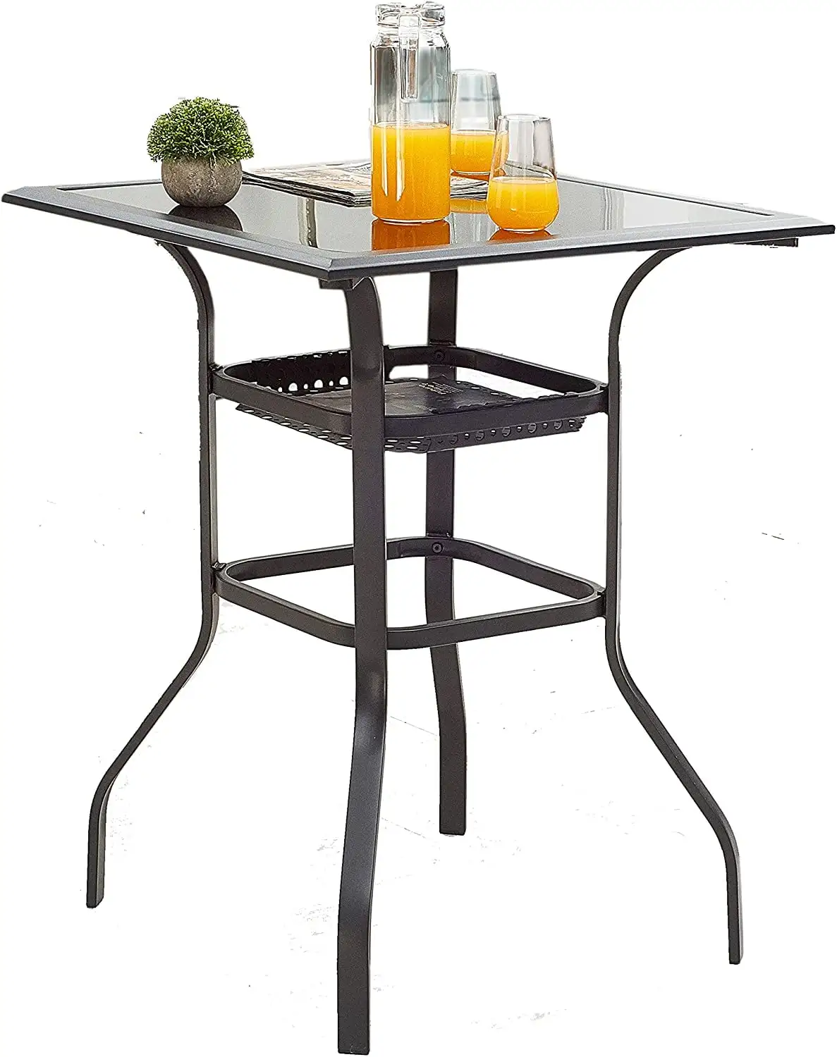 Patio Bar Height Outdoor Table Bistro Square Outside High Top with 2-Tier Metal Frame (27.6x 27.6x 36.2H). Black