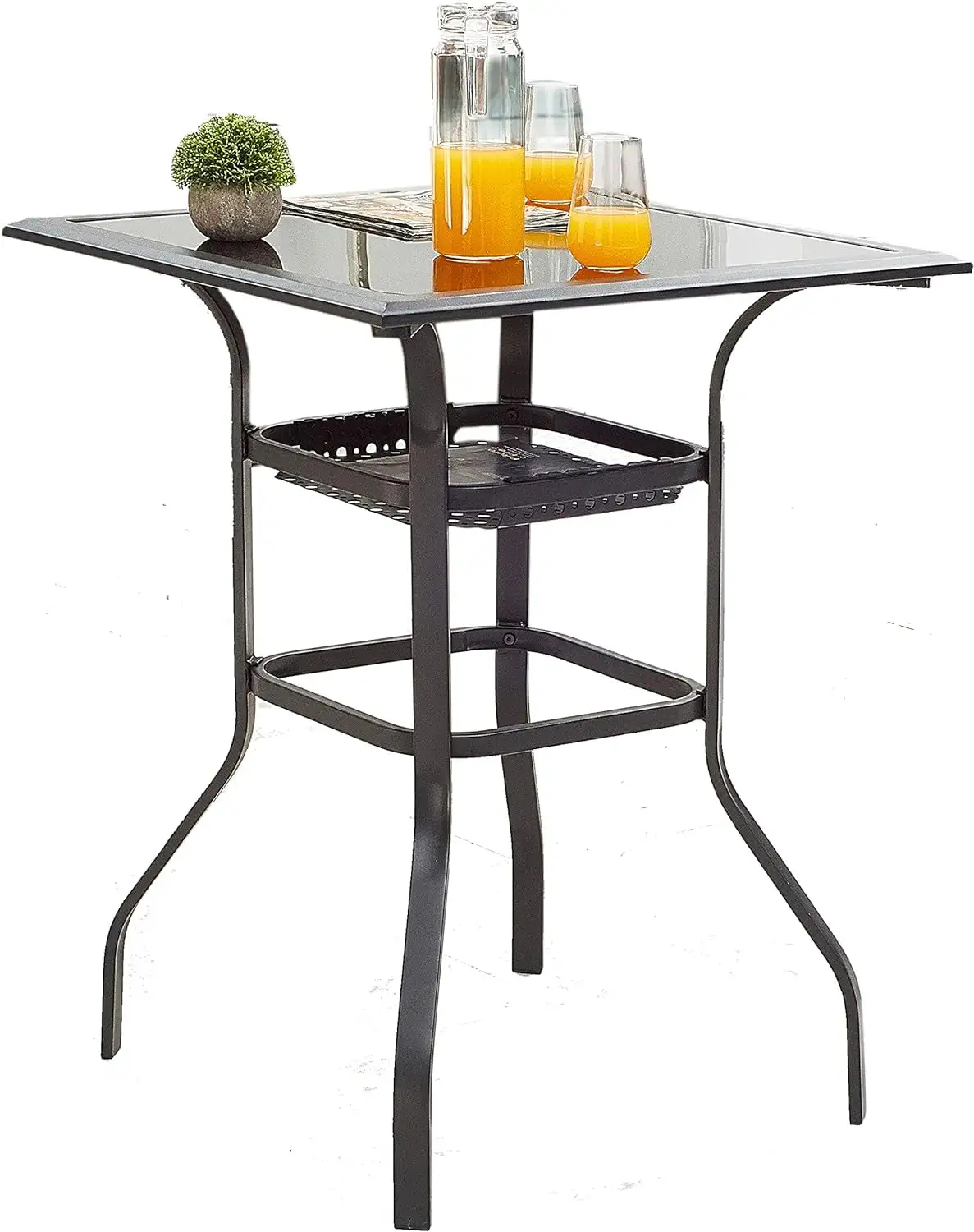 Patio Bar Height Outdoor Table Bistro Square Outside High Top with 2-Tier Metal Frame (27.6x 27.6x 36.2H). Black