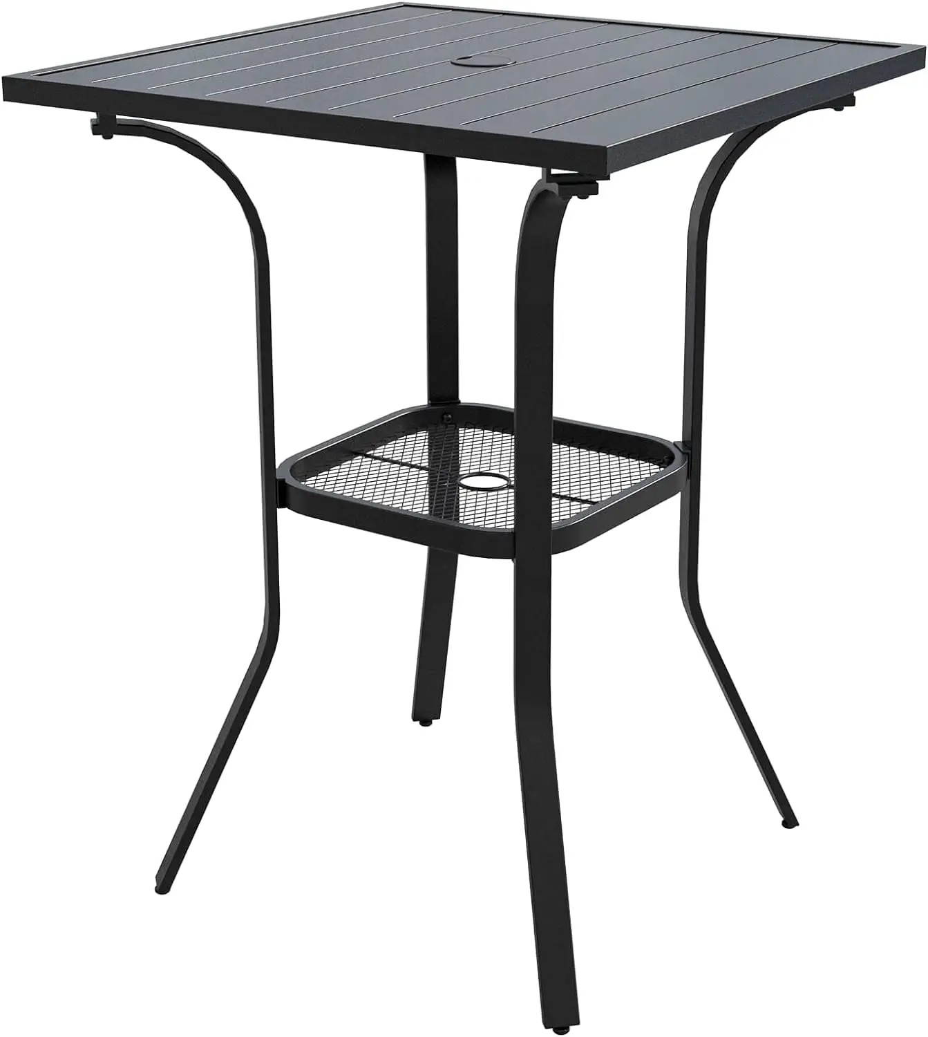 Patio Bar Height Table. Outdoor Square Bistro Table with Umbrella Hole. Metal Frame and Slat Design. Ideal for Patio Lawn Backyard Porch. Black