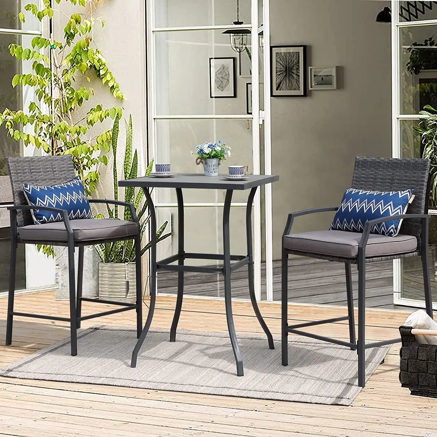 Patio Bar Set. 3 Piece Outdoor Wicker Bistro Set. All-weather Rattan Height Bar Stools with Cushions. Wood Top Bar Height Table Bistro Bar Set for 2 people. for Backyard. Patio. Pool. Garden