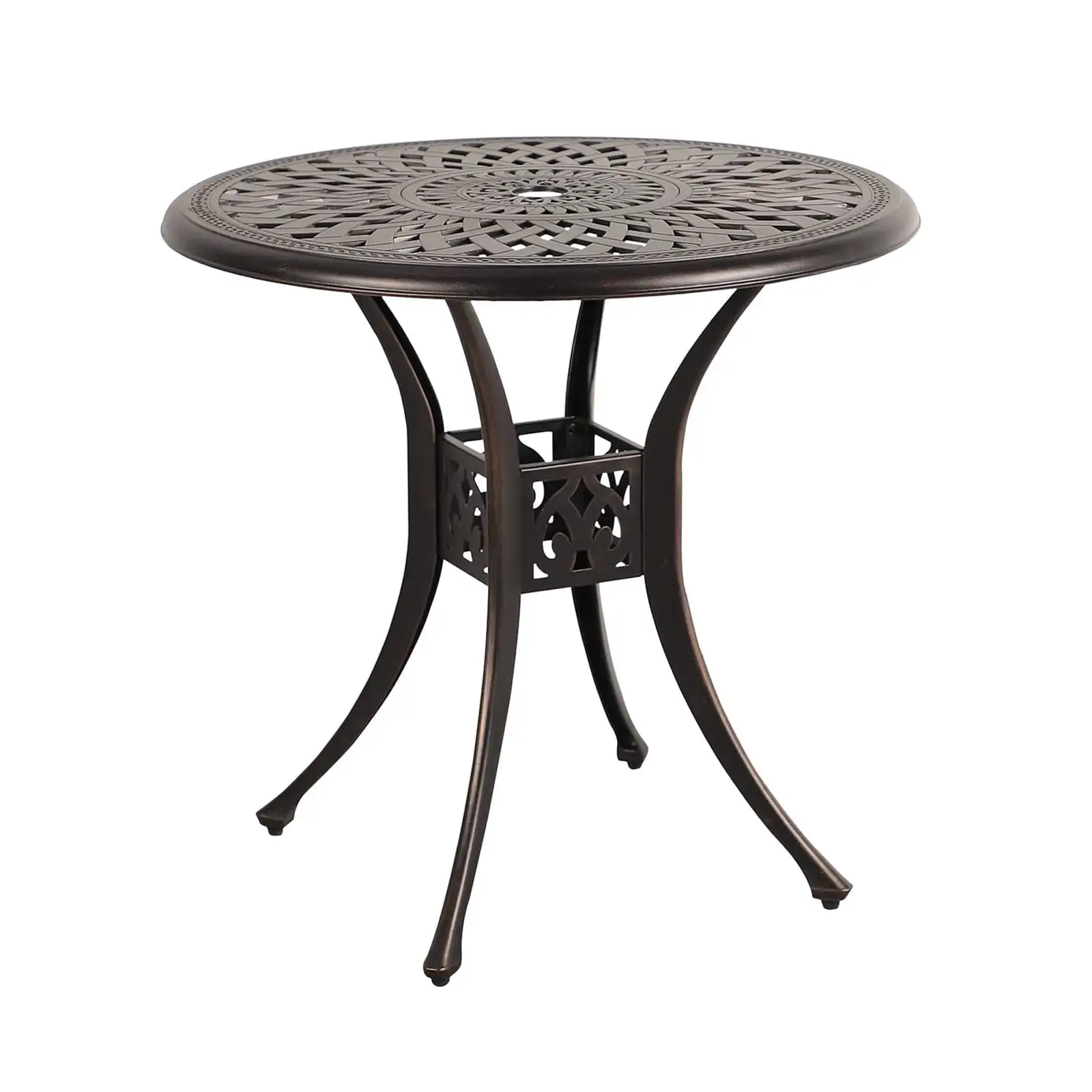 Patio Bistro Table. 31 Round Cast Aluminum Outdoor Dinning Table. Retro Side Table with Umbrella Hole. Antique Bronze