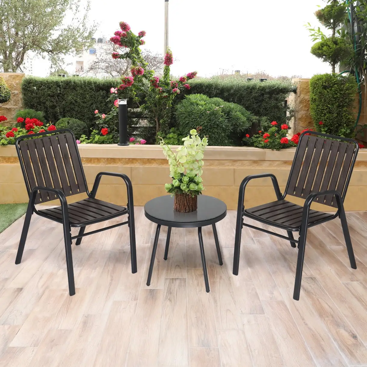 Patio Bistro Table Set for 2. Patio Furniture Set with 2 Stackable Dining Chairs and Glass Top Table. 3-Piece Bistro Table and Chairs Set with Metal Frame. for Yard Balcony Porch