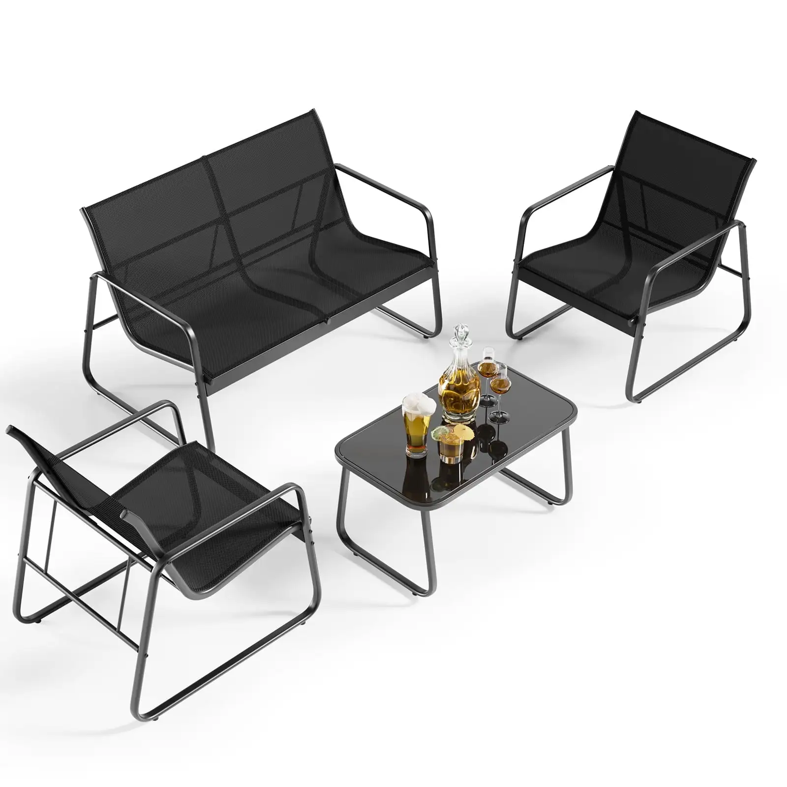 Patio Chairs Set. Outdoor Porch Balcony Furniture Set with Glass Coffee Table. 4 Pieces Patio Furniture Set Clearance with Loveseat. Black(Upgraded)