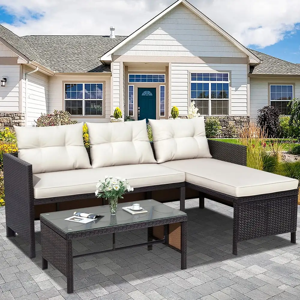 Patio Conversation Set. 3 Piece Outdoor Patio Furniture Sets with Lounge Chaise Chair. Loveseat Sofa. Coffee Table. All-Weather Patio Sectional Sofa Set with Cushions for Backyard. Garden. Pool. L4817