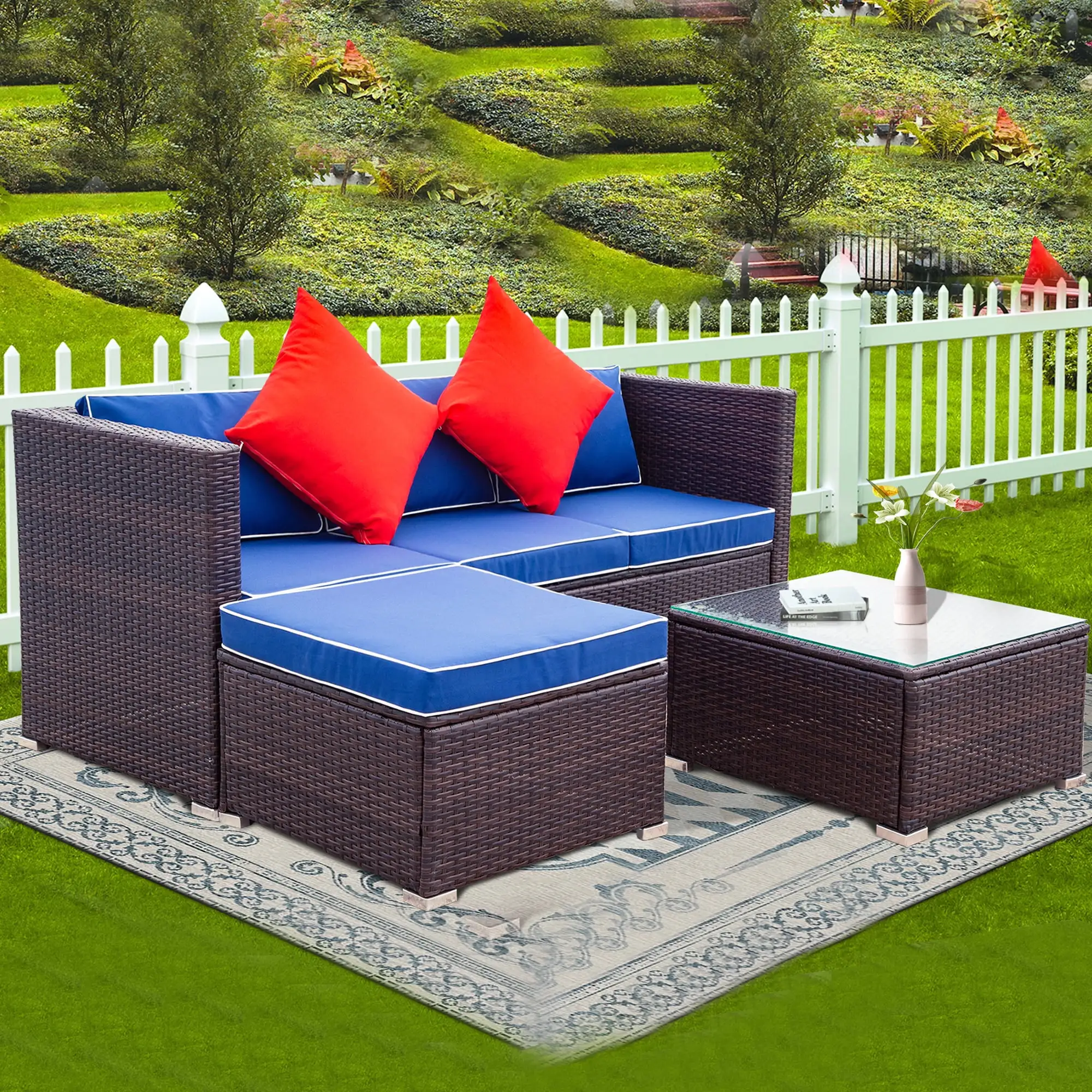 Patio Conversation Sets. Wicker Outdoor Sectional Sofa Set. Patio Furniture w/ 3-Seating Sofa. 1 Ottoman&Coffee Table. Rattan Bistro Patio Set for Backyard Garden Lawn. Blue Cushion. W10975