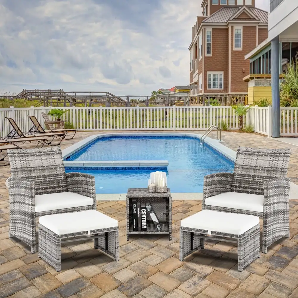 Patio Dining Sets. 5 Piece Patio Furniture Sets with 2 Chairs. 2 Footstools. 1 Coffee Table. All-Weather PE Rattan Patio Sectional Sofa Set for Backyard. Porch. Garden. Poolside. LLL798