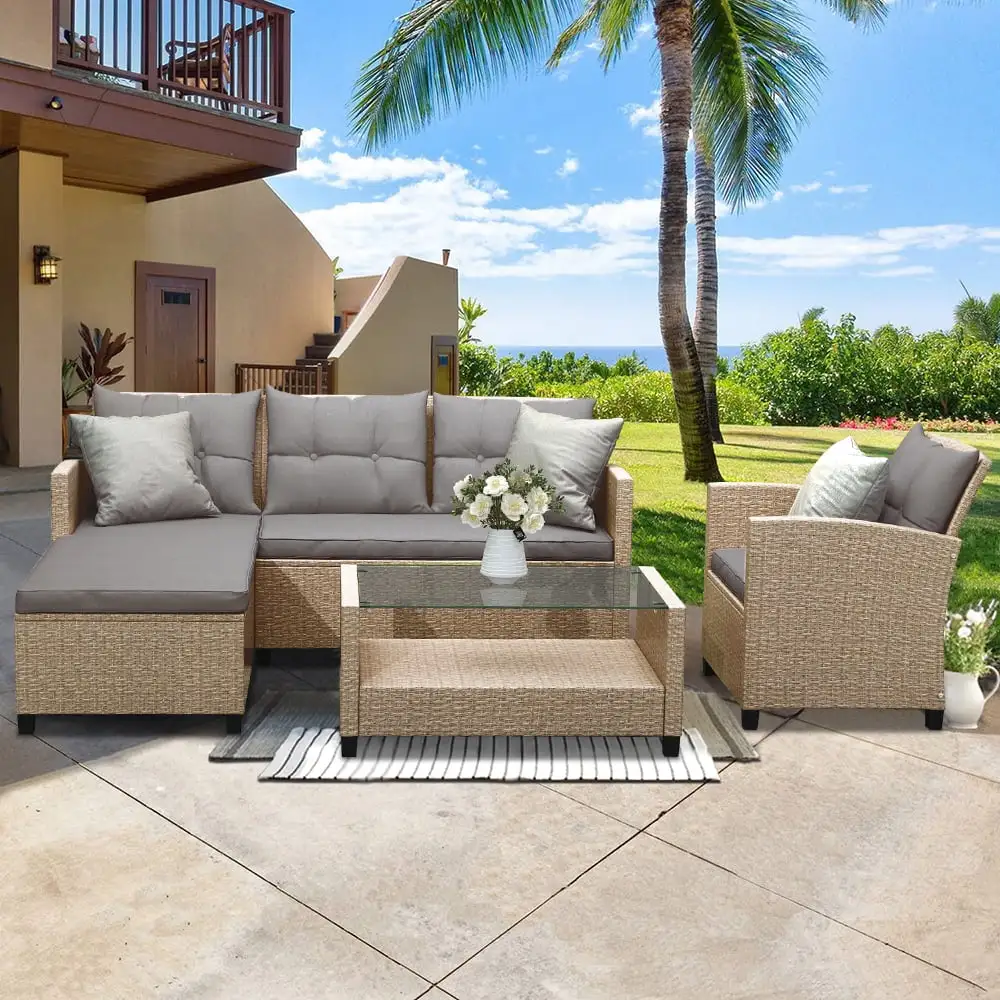 Patio Furniture Set Clearance. 4 Piece Patio Furniture Sets with Loveseat Sofa. Lounge Chair. Wicker Chair. Coffee Table. All-Weather Patio Sectional Sofa Set with Cushions for Backyard Garden Pool