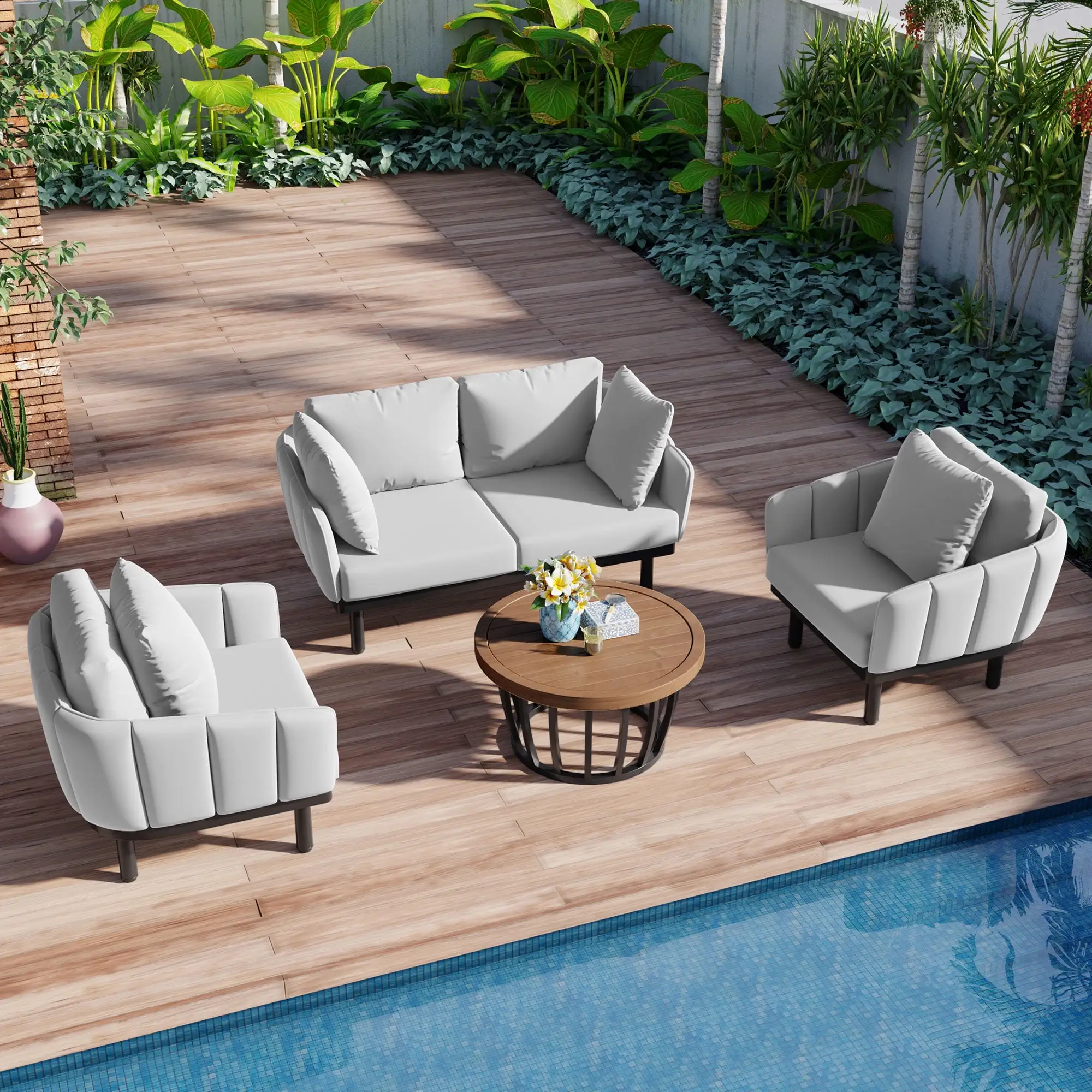 Patio Furniture Set. Modern Conversation Set with Acacia Wood Round Coffee Table. 8 Soft Pillows. 4 Thick Cushions. Outdoor 4-Pieces Sectional Sofa Luxury Furniture Set for Backyard. Balcony. Grey