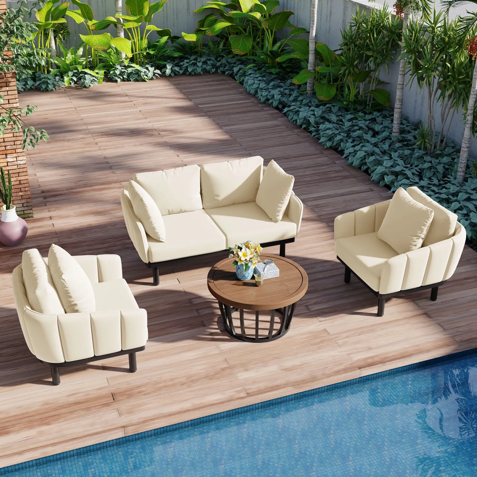 Patio Furniture Set. Modern Conversation Set with Acacia Wood Round Coffee Table. 8 Soft Pillows. 4 Thick Cushions. Outdoor 4-Pieces Sectional Sofa Luxury Furniture Set for Backyard. Balcony. Beige