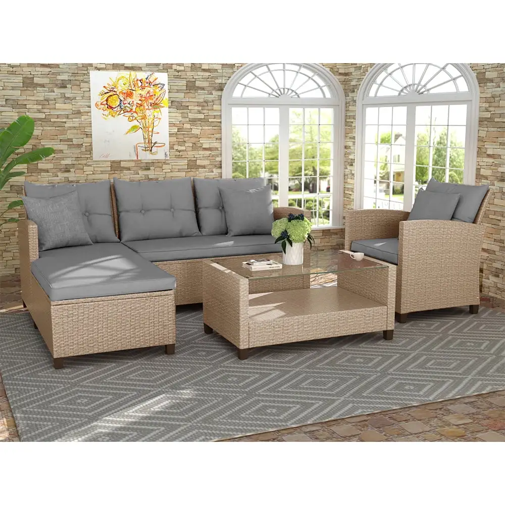 Patio Furniture Sets. 4-Piece Outdoor Sectional Sofa Set with Loveseat and Lounge Sofa. Armchair. Coffee Table. All-Weather Wicker Furniture Conversation Set for Backyard Garden. Q11972