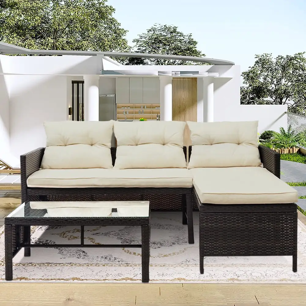 Patio Furniture Sofa Set. 3 Piece Outdoor Conversation Set with Lounge Chaise Chair. Loveseat Sofa. Coffee Table. All-Weather Patio Sectional Sofa Set with Cushions for Backyard. Garden. Pool. L4818