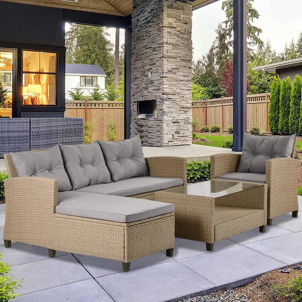 Patio Furniture Sofa Set. 4 Piece Outdoor Conversation Set with Loveseat Sofa. Lounge Chair. Wicker Chair. Coffee Table. All-Weather Patio Sectional Sofa Set with Cushions for Backyard Garden Pool