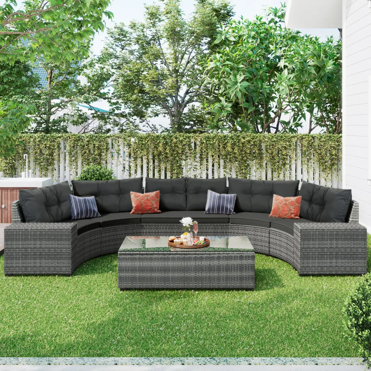 Patio Outdoor 8 Pieces Furniture Set. Modern Rattan Wicker Sectional Furniture Sofa Set. All-Weather Conversation Sets with Cushions and Glass Table Furniture Sets for Home. Garden. Pool. Yard. Grey