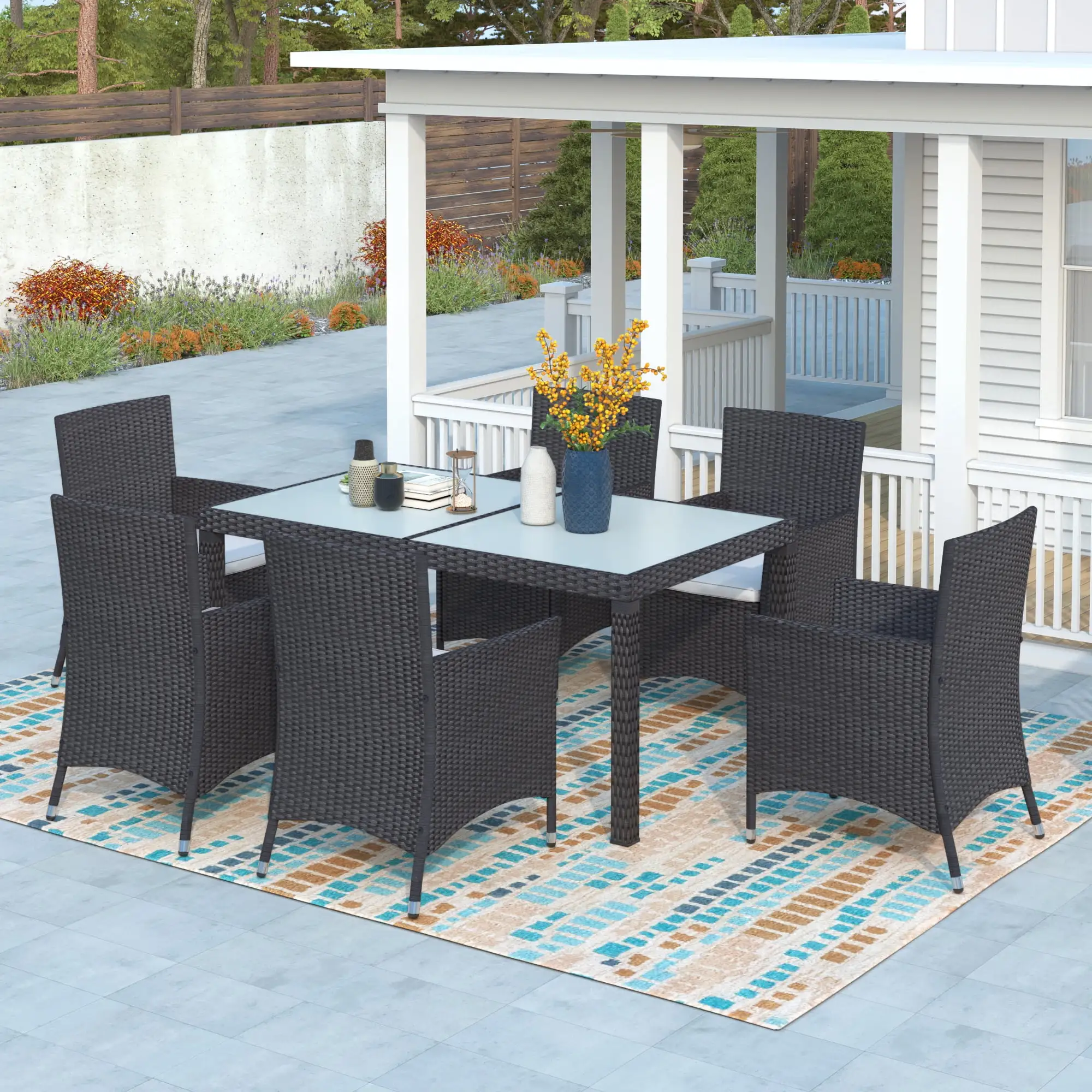 Patio Table and Chairs for 6. All Weather Wicker Sectional Sofa Dining Table Set. Compact Size Outdoor Patio Set Furniture for Backyard. Porch. Garden. Poolside. Balcony. Easy to Maintain. JA2616