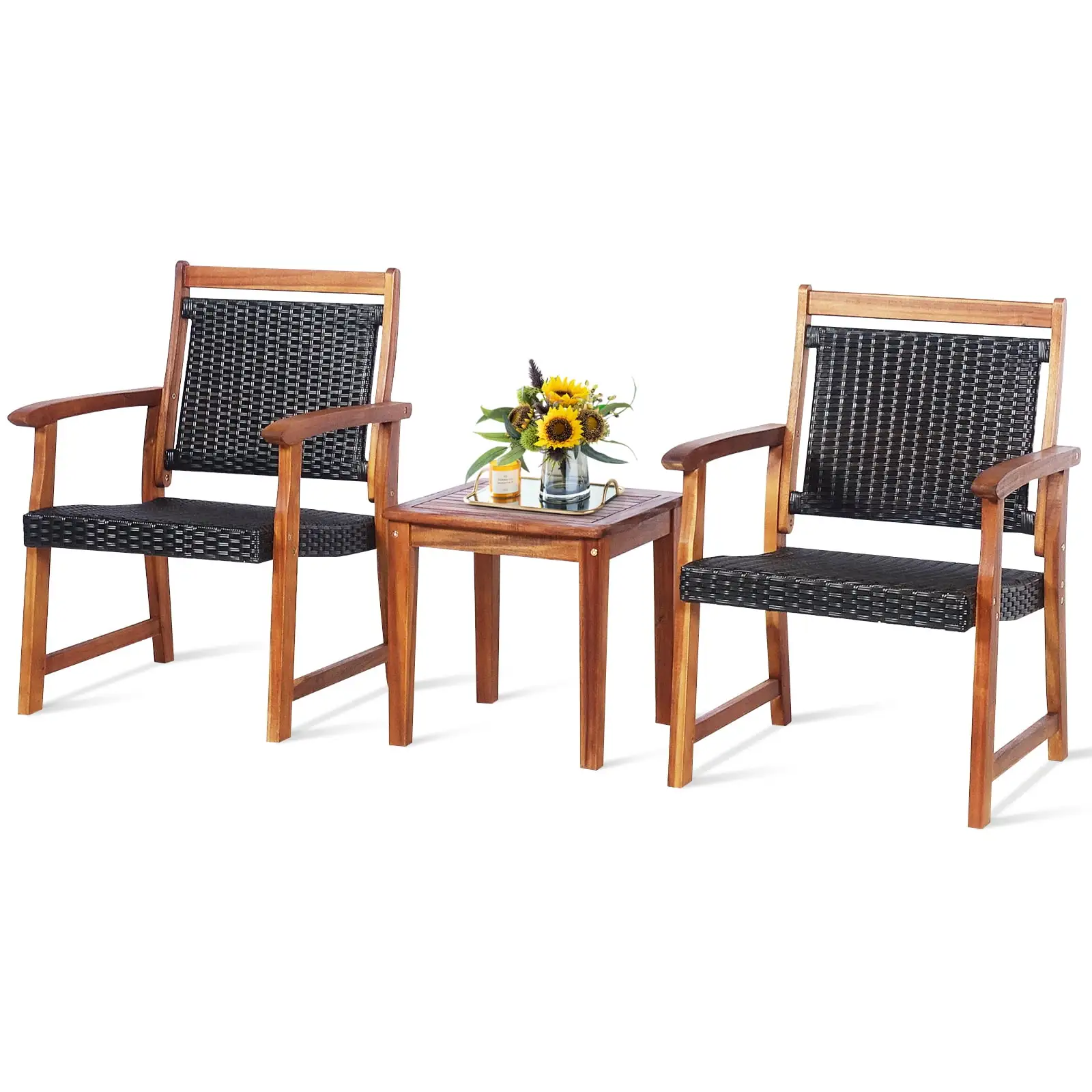 Patiojoy 3 PCS Patio Rattan Bistro Set Outdoor Acacia Wood Table & Chairs Set