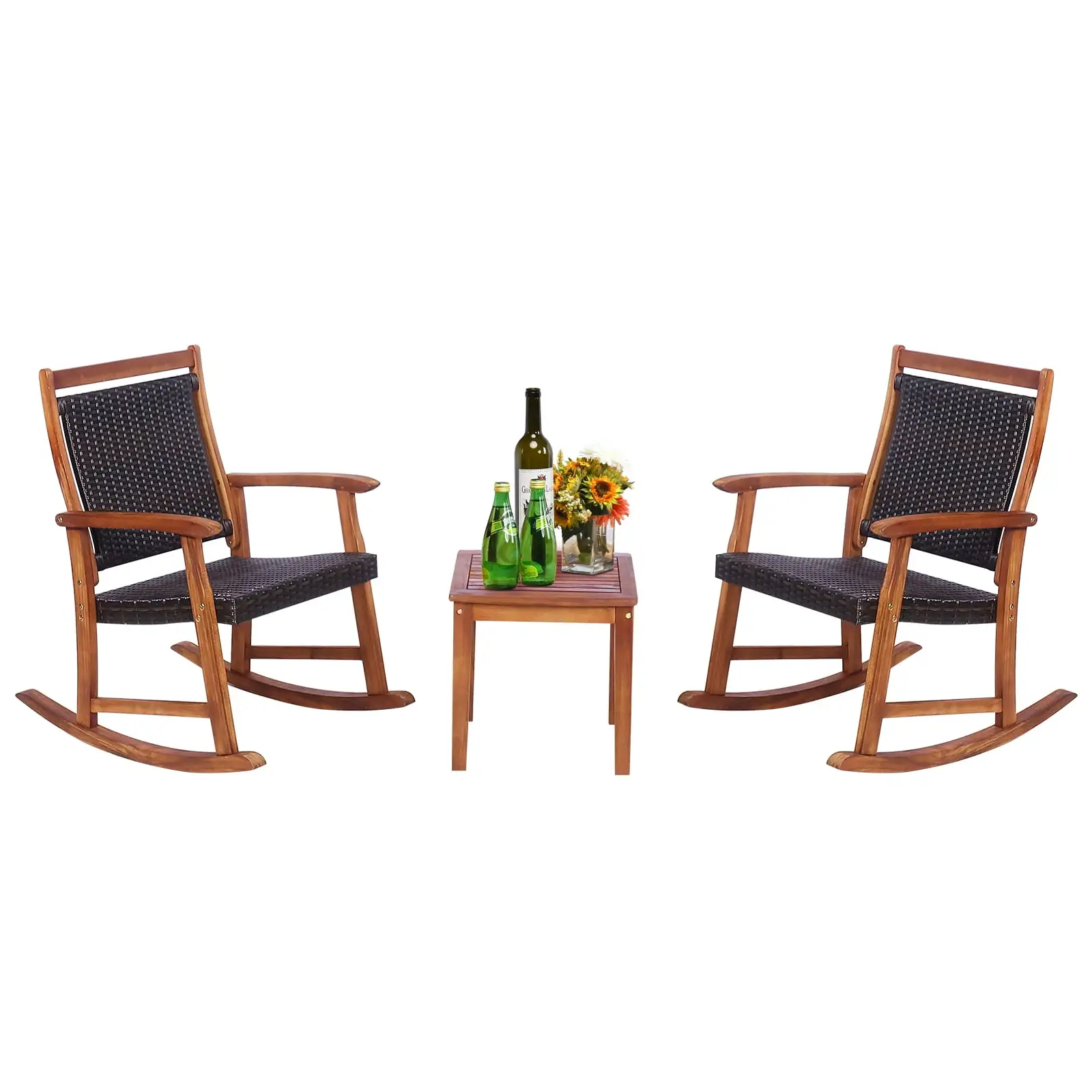 Patiojoy 3 PCS Patio Rattan Bistro Set Outdoor Rocking Chairs & Table Set Rustic Brown