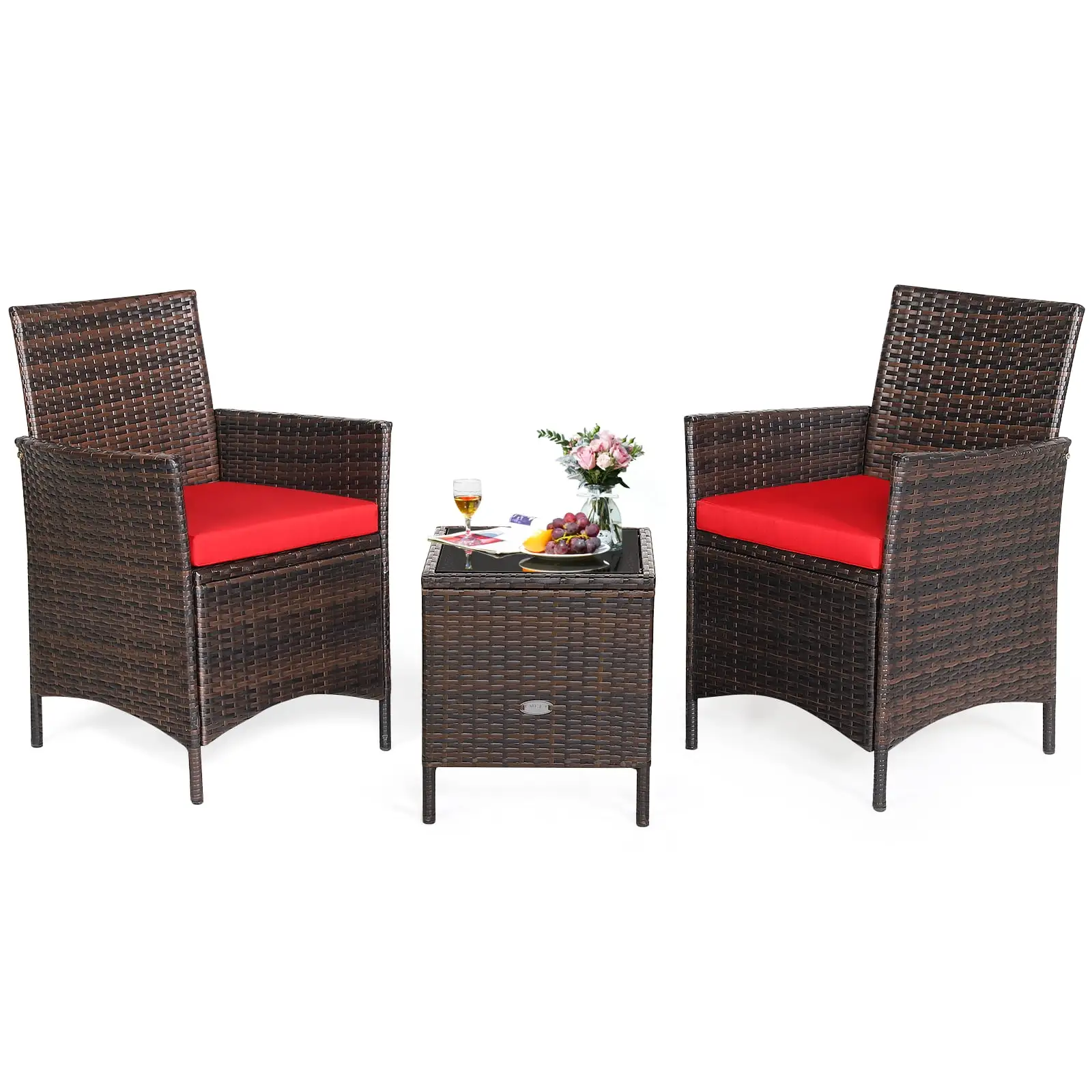 Patiojoy 3 Pieces Patio Rattan Conversation Furniture Wicker Chairs with Coffee Table & Cushions Red