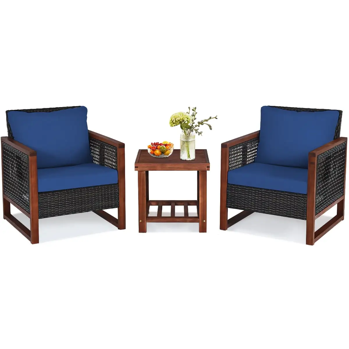 Patiojoy 3PCS Patio Rattan Bistro Set Acacia Wood Frame Sofa and Side Table Navy Cushions