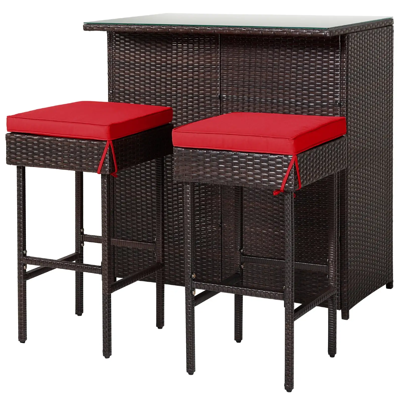 Patiojoy 3PCS Patio Wicker Rattan Bar Set Table w/2 Red Cushioned Stools