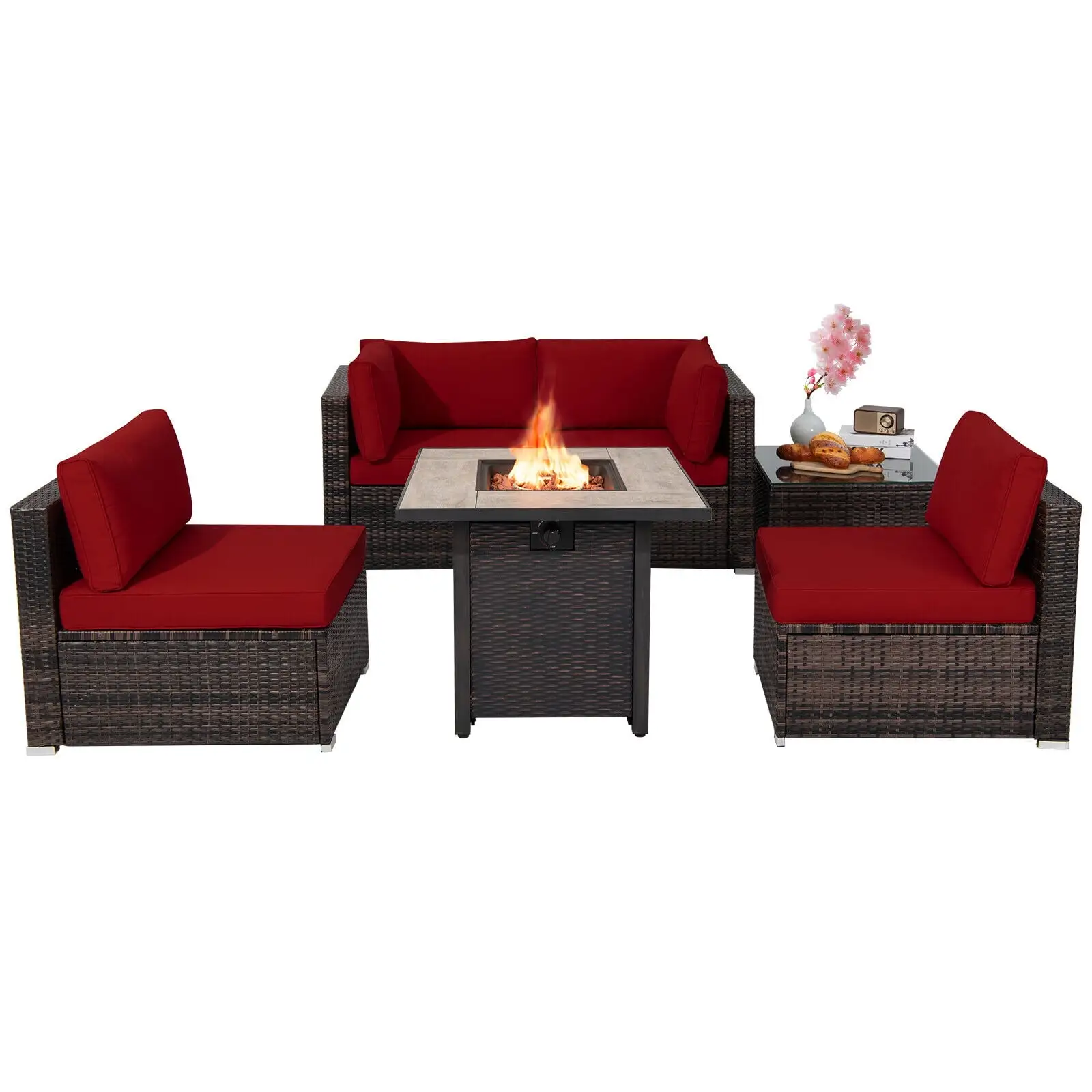 Patiojoy 6 PCS Patio Wicker Furniture Set With 30 Gas Fire Pit Table 50.000 BTU Red Cushions