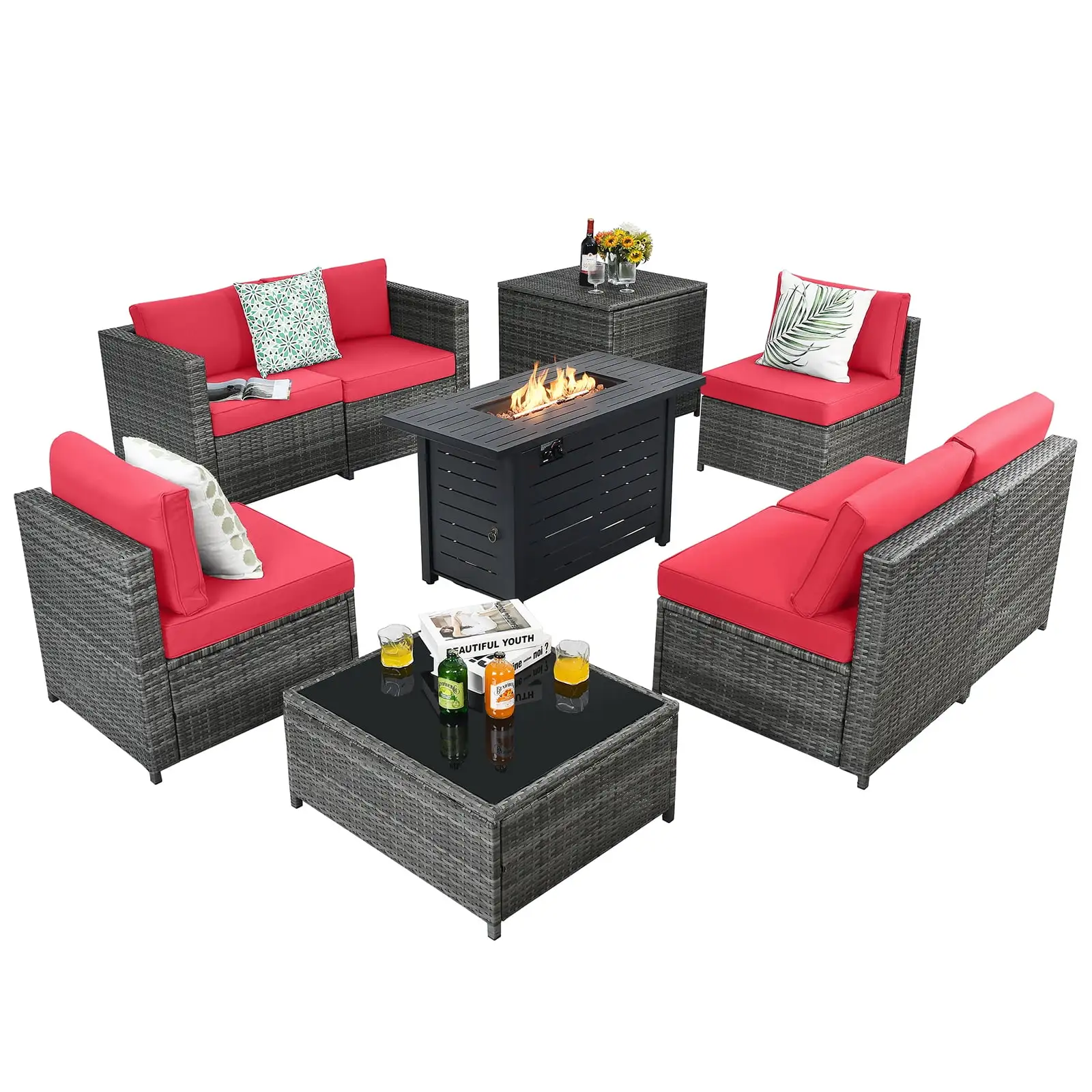 Patiojoy 9 PCS Rattan Dinning Set Wicker Sofa w/Propane Gas Fire Pit 60.000 Btu Heather Red