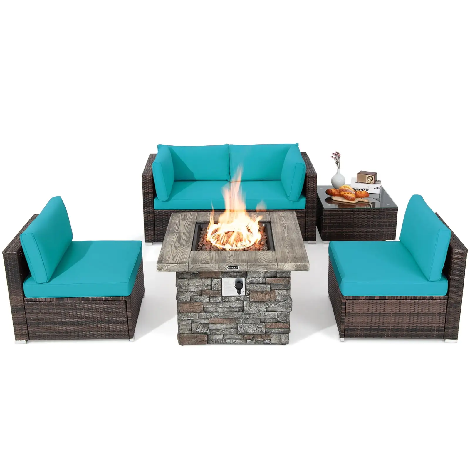 Patiojoy Patio Rattan 6PCS Cushioned Sofa Set Furniture Set Thick Cushion with 34.5 Fire Pit Table for Garden Turquoise