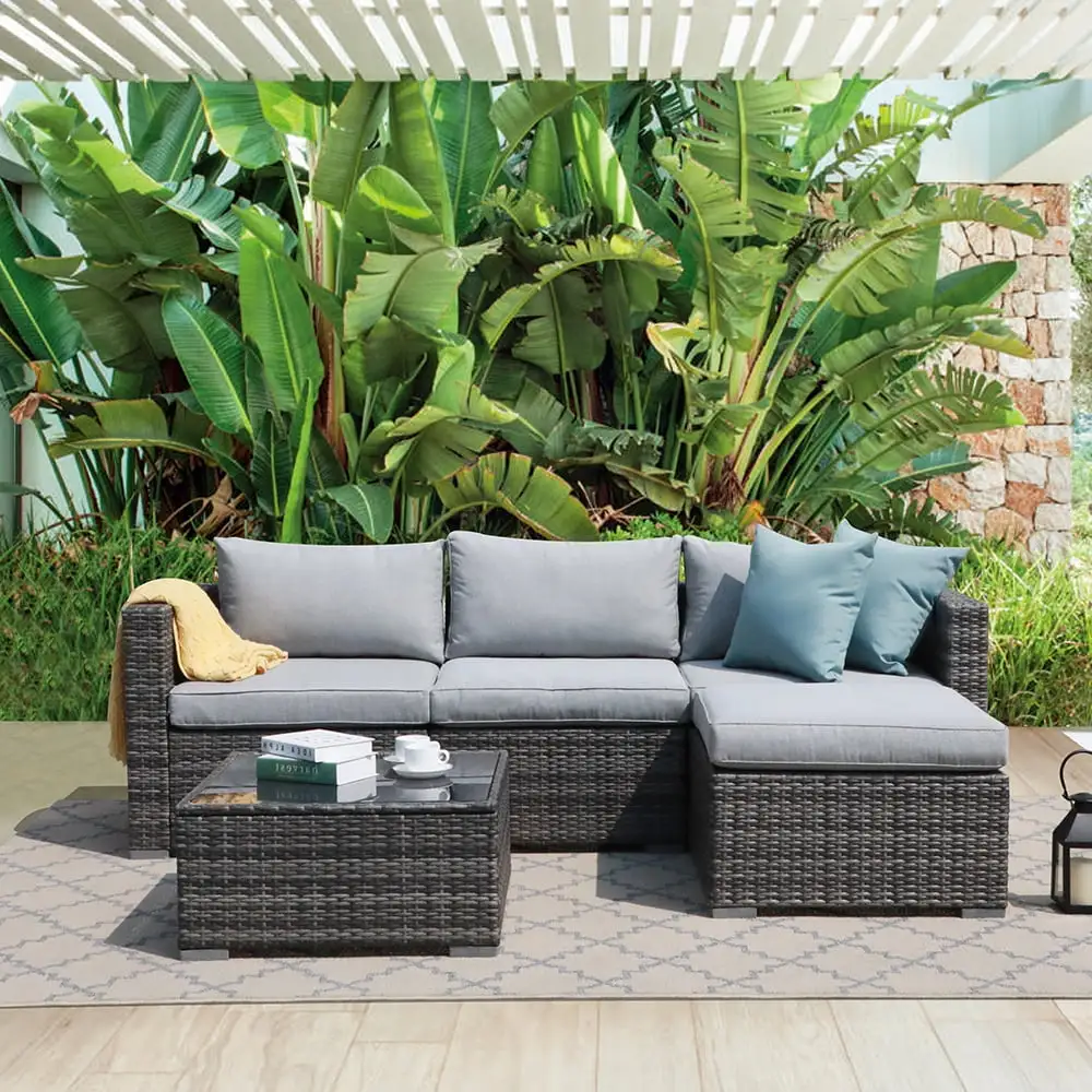 Patiorama 5-Piece Patio Furniture Set. Outdoor Sectional Conversation Set. All-Weather Grey PE Wicker with Light Grey Cushions. Backyard Porch Garden