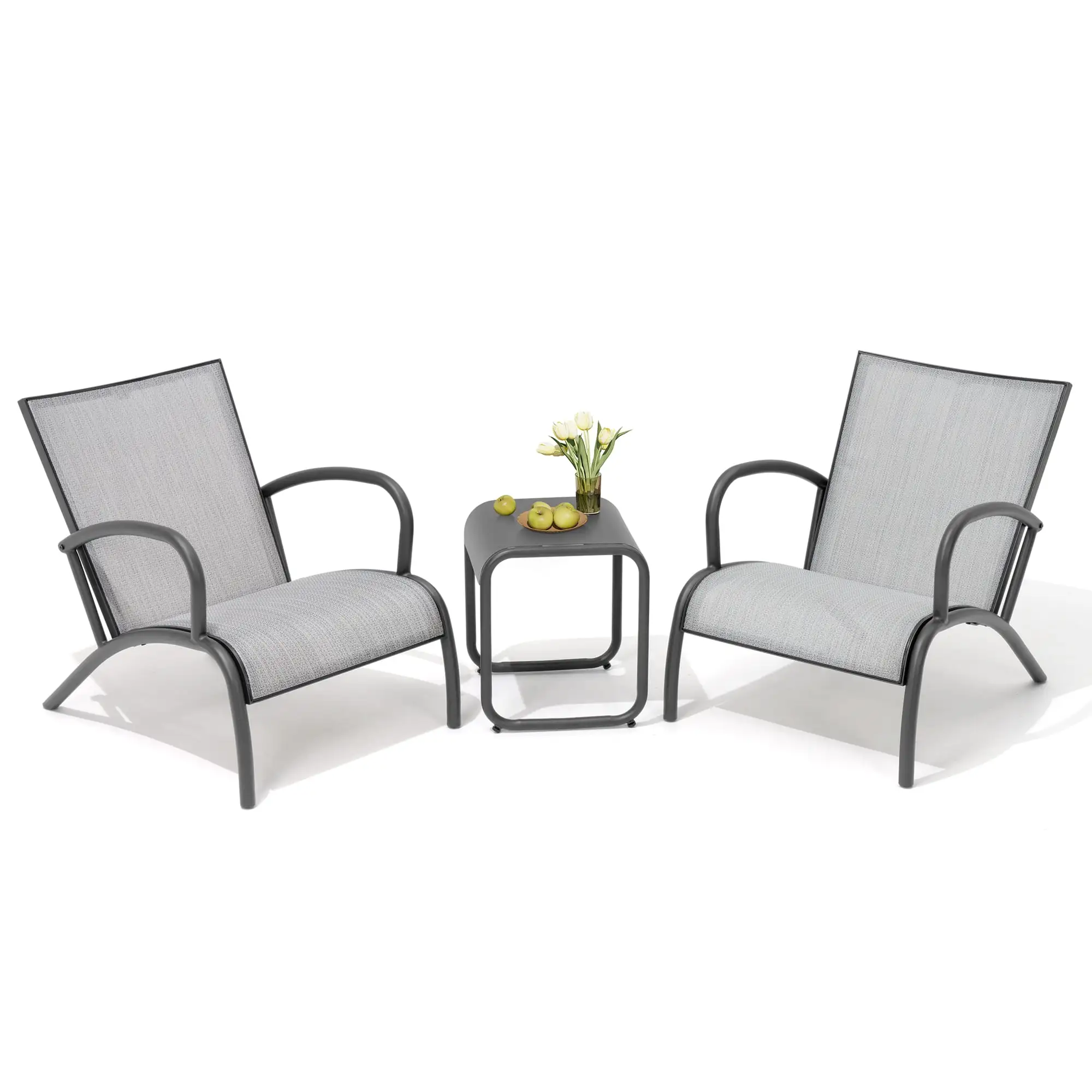 Pellebant Outdoor 3 Pieces Bistro Set Patio Set Aluminum Lounge Seatings and Side Table. Gray