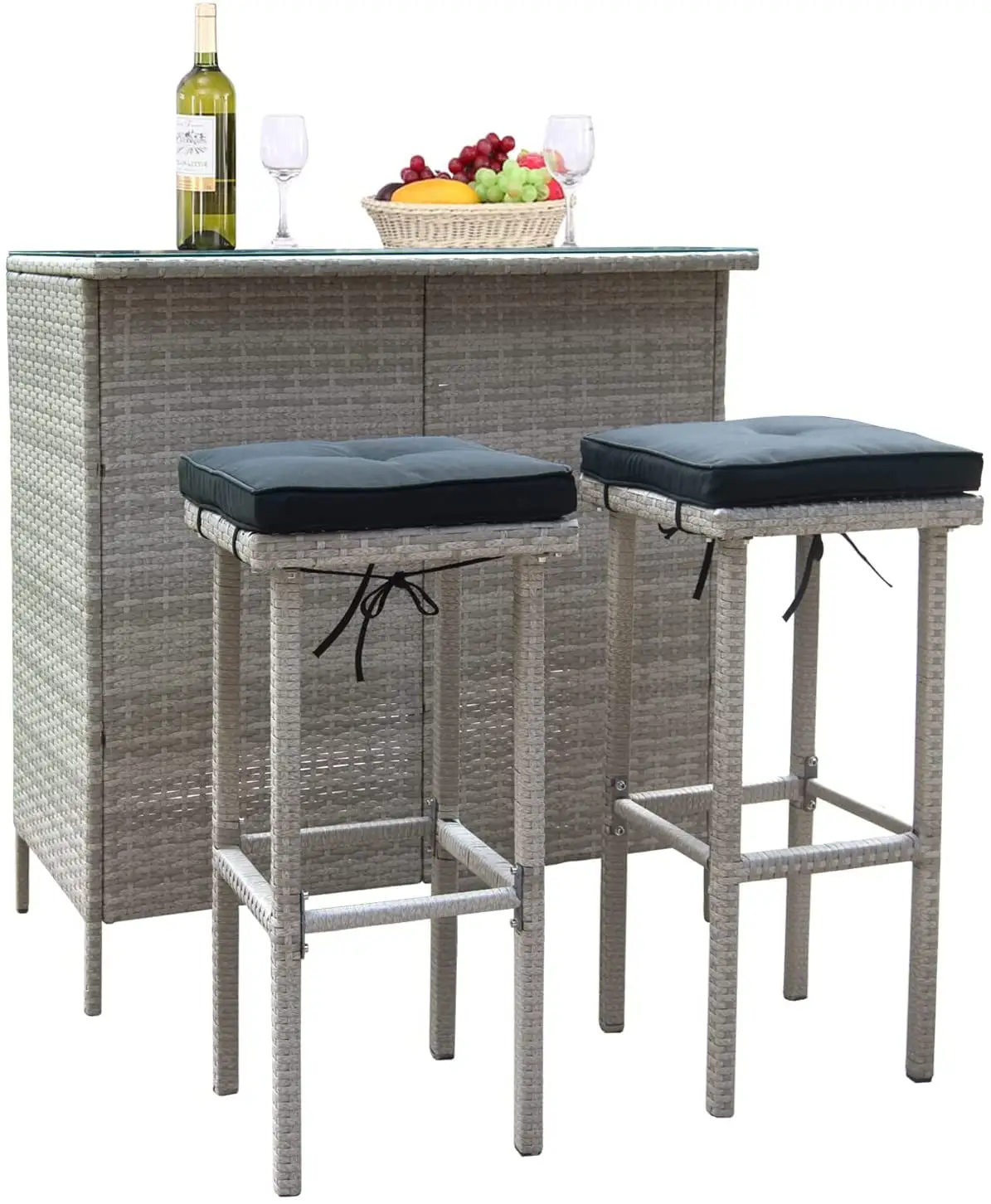 Polar Aurora 3PCS Patio Bar Set with Stools Glass Tabletop Wicker Outdoor Furniture with Cushions for Dining. Poolside. Black Gray