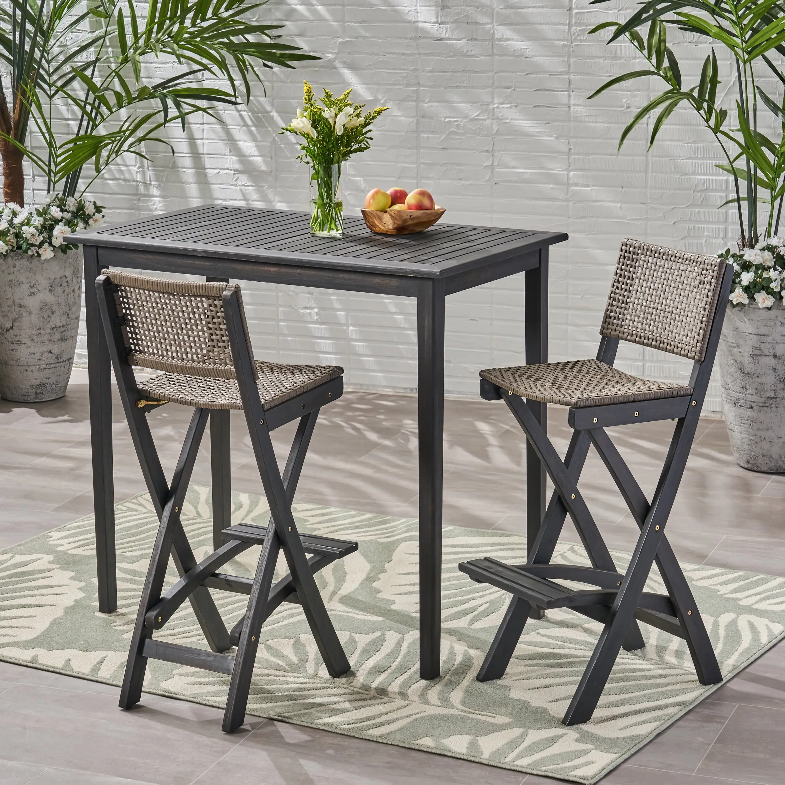 Polaris Outdoor Rectangular 3-Pc Wood and Wicker Bar Height Set Dark Gray/Brown